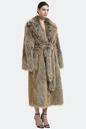 Women Luxury Faux Fox Fur Coat Tip-Dyed Lapel Shawl Overcoat Calf-Length Outer Wear with Pockets Belt