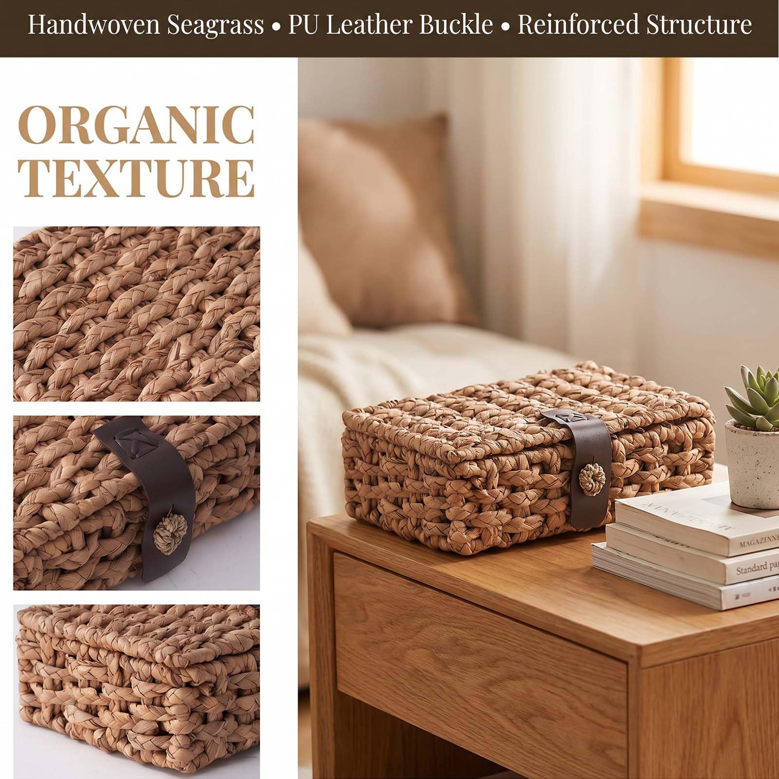 Cesto in Vimini con Coperchio, Cesta in Vimini Intrecciata in Giacinto d'Acqua per Scaffale, Tavolino da Caffè, Tavolo a Console, Arredamento Casa (Grande)