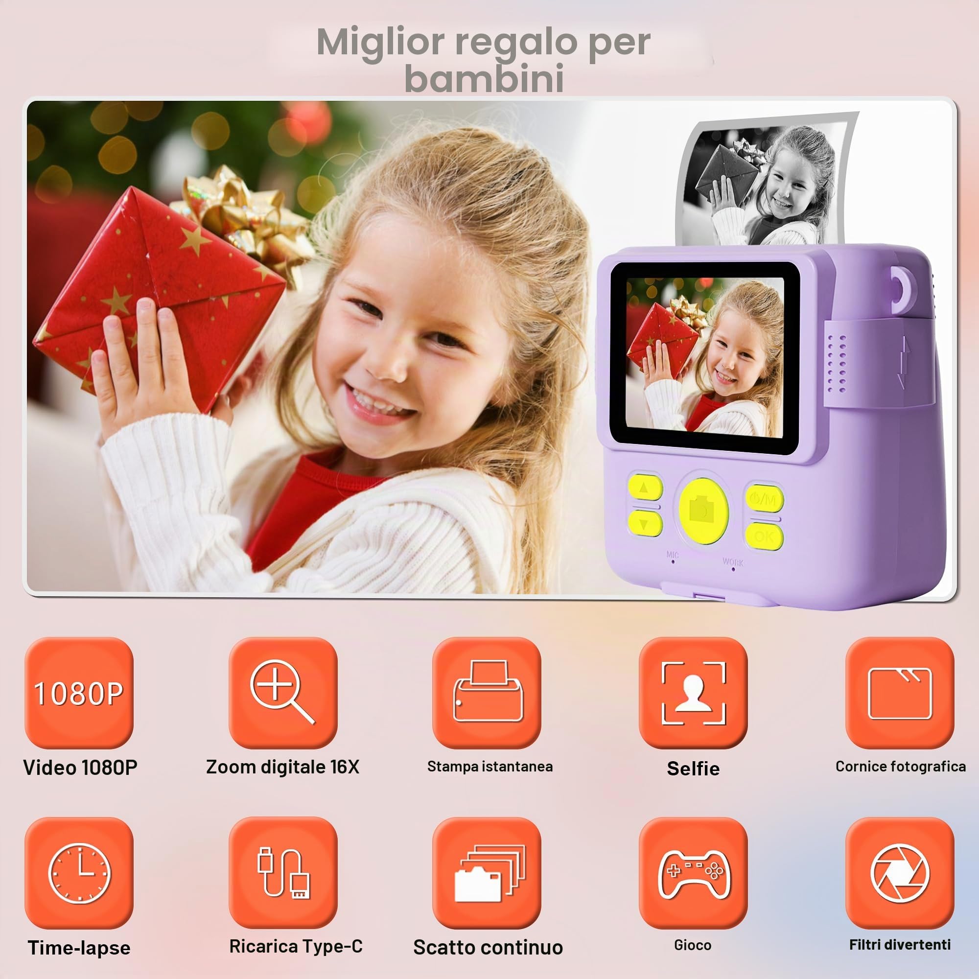 GKTZ Macchina Fotografica Bambini Istantanea - 1080P HD Digitale Fotocamera Stampa, Giocattolo con 32GB Scheda e 3 Rotoli di Carta Fotografica, Regali di Compleanno per Bambine di 4-12 Anni, Viola