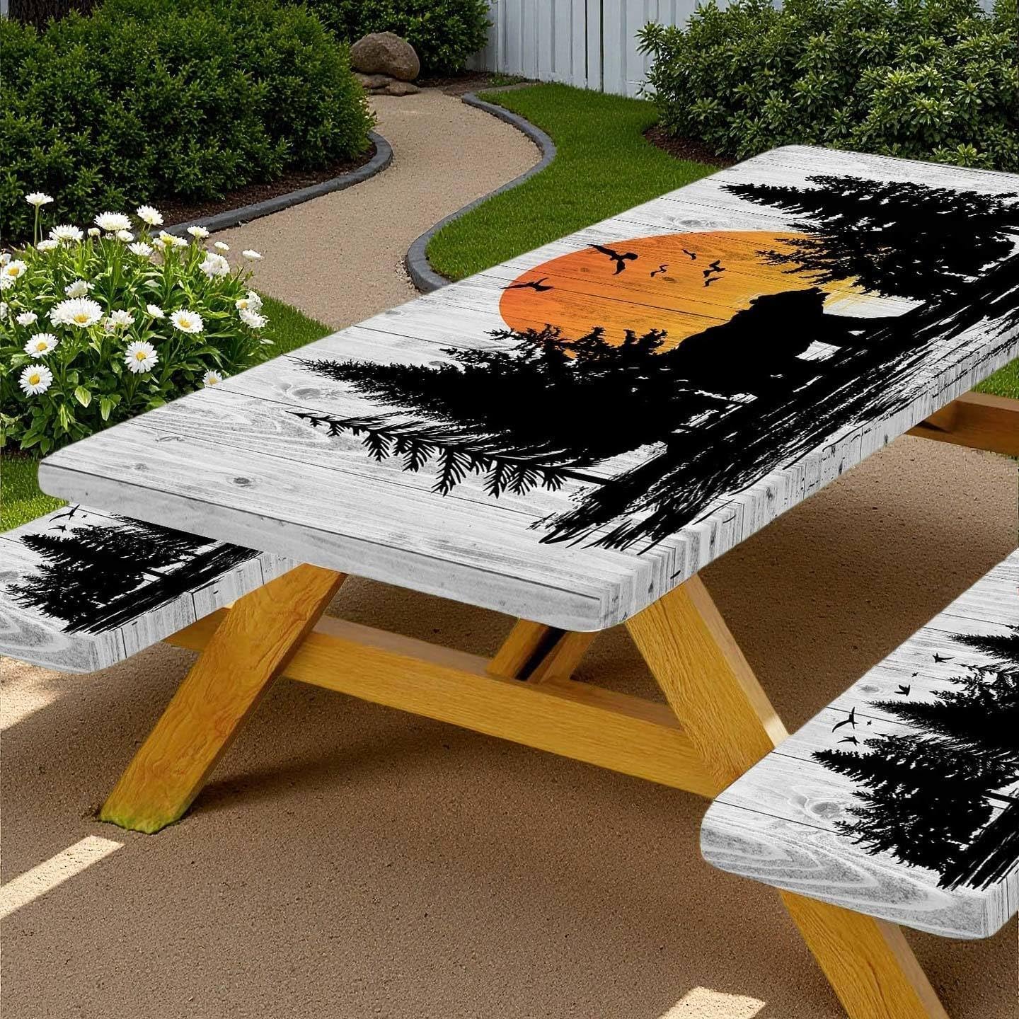 Picnic Table Cover with Bench Covers Wooden Forest Cabin Camping Essentials Waterproof Windproof Camping Tablecloth with Drawstring Bag, Fitted Rectangle Tables and Seats White，96" x 30" inch