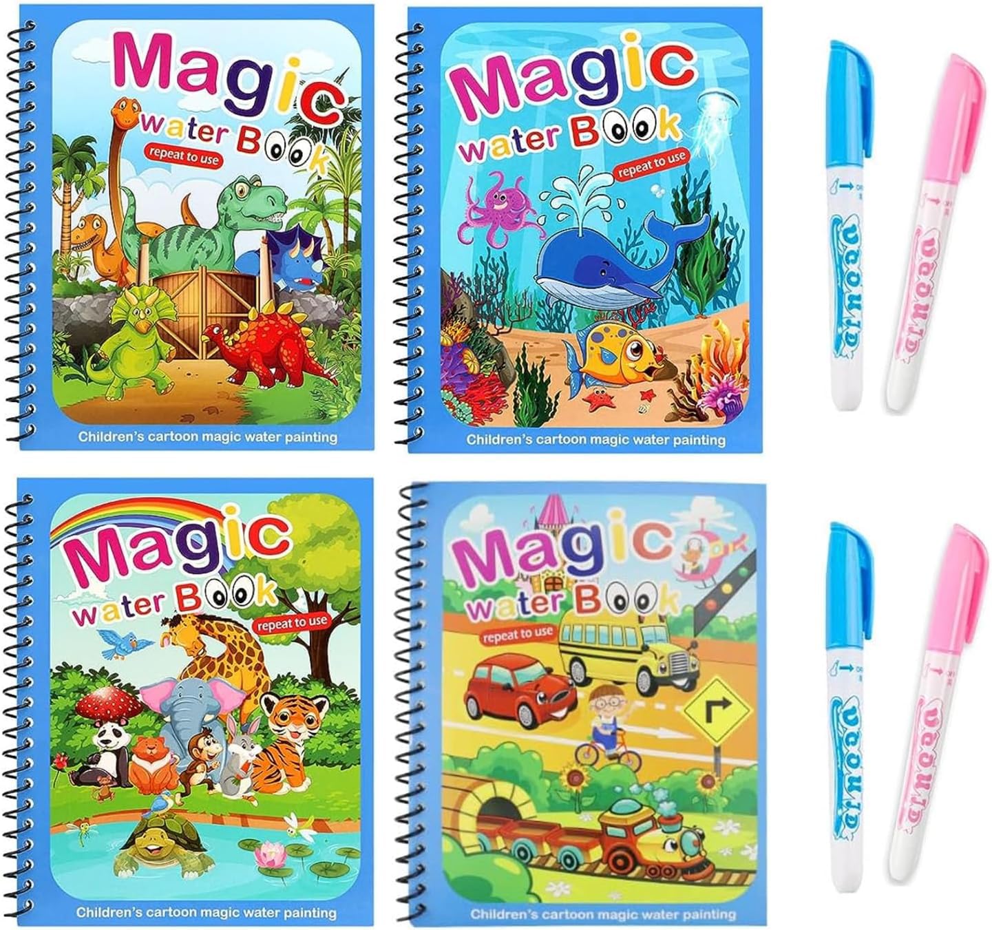 SLshiBo Wassermalbuch 4 Stück Water Wow Malbuch, Magic Water Colouring Book mit Wasserstift, Wiederverwendbares Magisches Malbücher set, Wasser Malbuch Doodle für Kinder