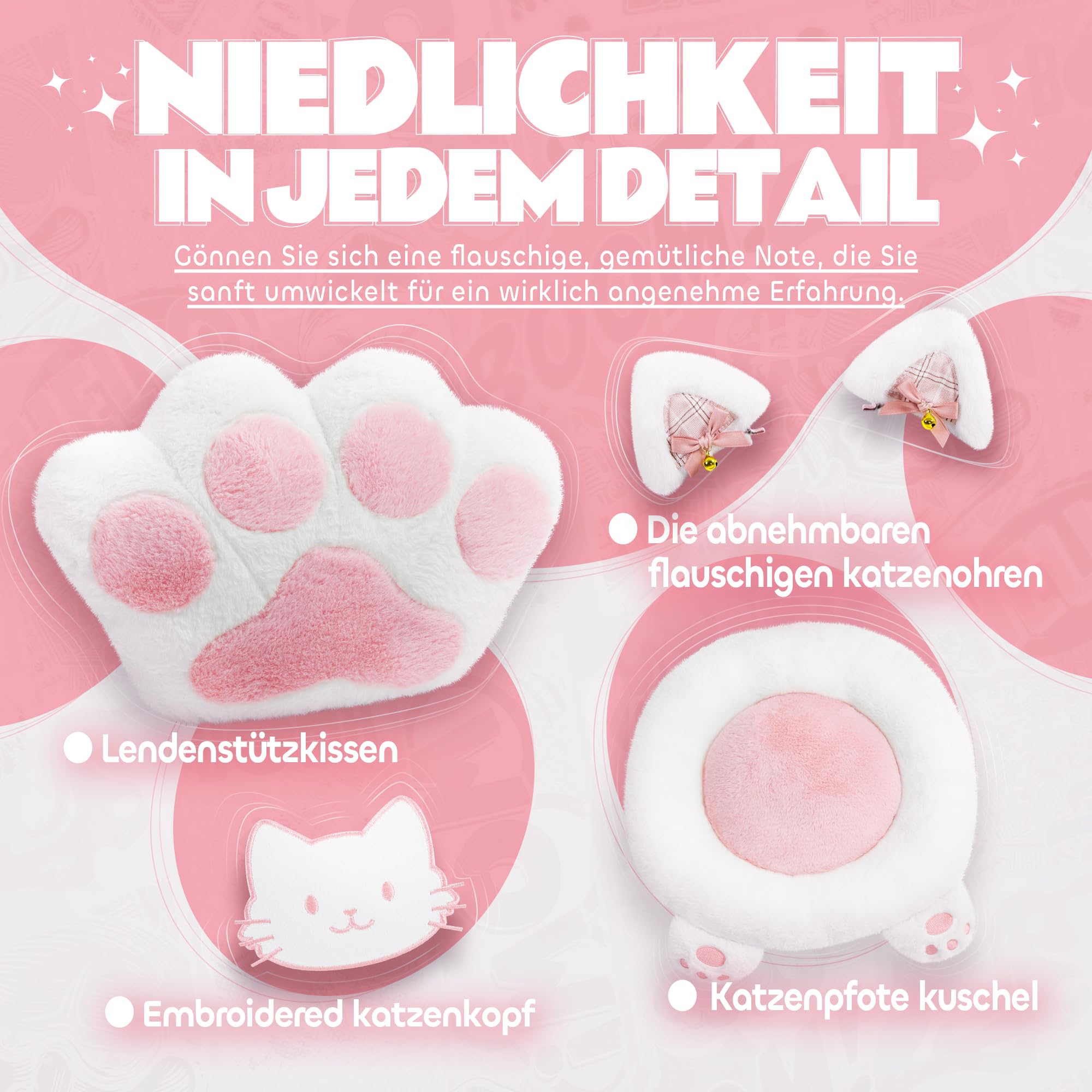Pink Cute Katze Gaming Stuhl Stoff mit Katzenpfote Lendenkissen und Katzenohren, Gaming Stuhl mit Fußstütze Ergonomischer Pc Stuhl für Kinder Erwachsener Mädchen, 140kg Belastbarkeitfür, Rosa