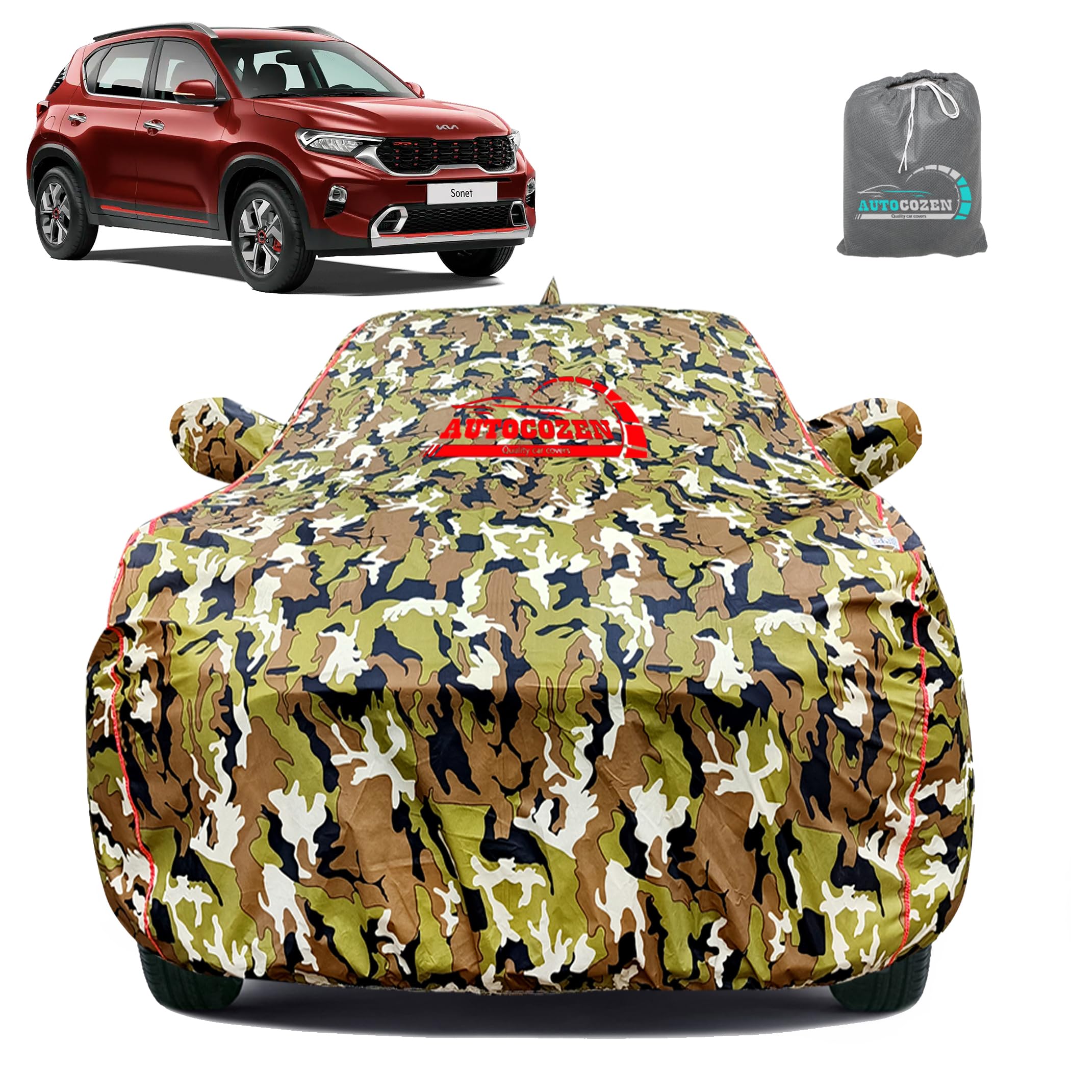 All-Weather Car Cover for Kia Sonet | 100% Waterproof, Anti-Dust & Uv Protection | Heavy-Duty Triple Stitched with Elastic Grip | Mirror & Antenna Pocket | Military Camouflage-image-17