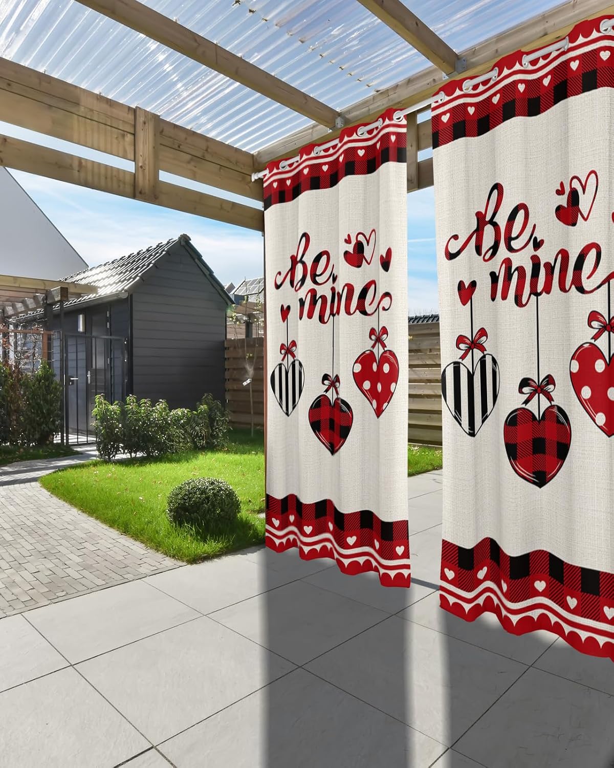 Indoor Outdoor Curtains for Patio Valentine's Day Plaid and Stripes Red Love Heart Beige Outside Curtains Waterproof Grommet Privacy Light Filter Drapes for Porch Pergola Gazebo 52"Wx108"L 1 Panel