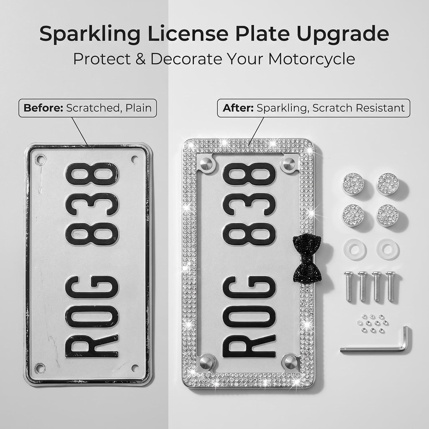 Fashion Bling Crystal Motorcycle License Plate Frame with Bow Tie,Rhinestone License Plate Holder,Includes Mounting Hardware and Caps(Silver Frame Black Bow)