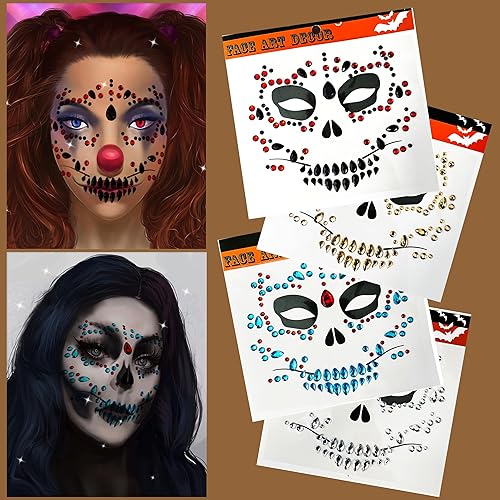 Miniatura 8 de Face Jewels - Tatuajes faciales temporales, paquete de 6 gemas faciales para el Día del Calavera Died, calcomanías faciales con purpurina de cristal