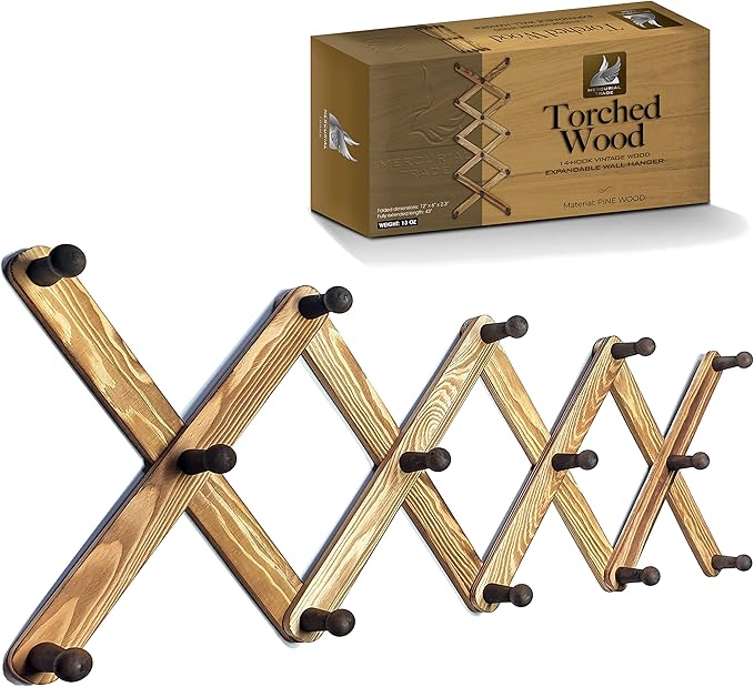 Expandable Wooden Coat Rack Hanger – Accordion Wall Mounted Pine Wood Hooks – Hand Made Vintage Expending Pegs – Hang Coat, Jacket, Hat, Leash, Towel, Scarf, Mug, Bag – Torched Wood