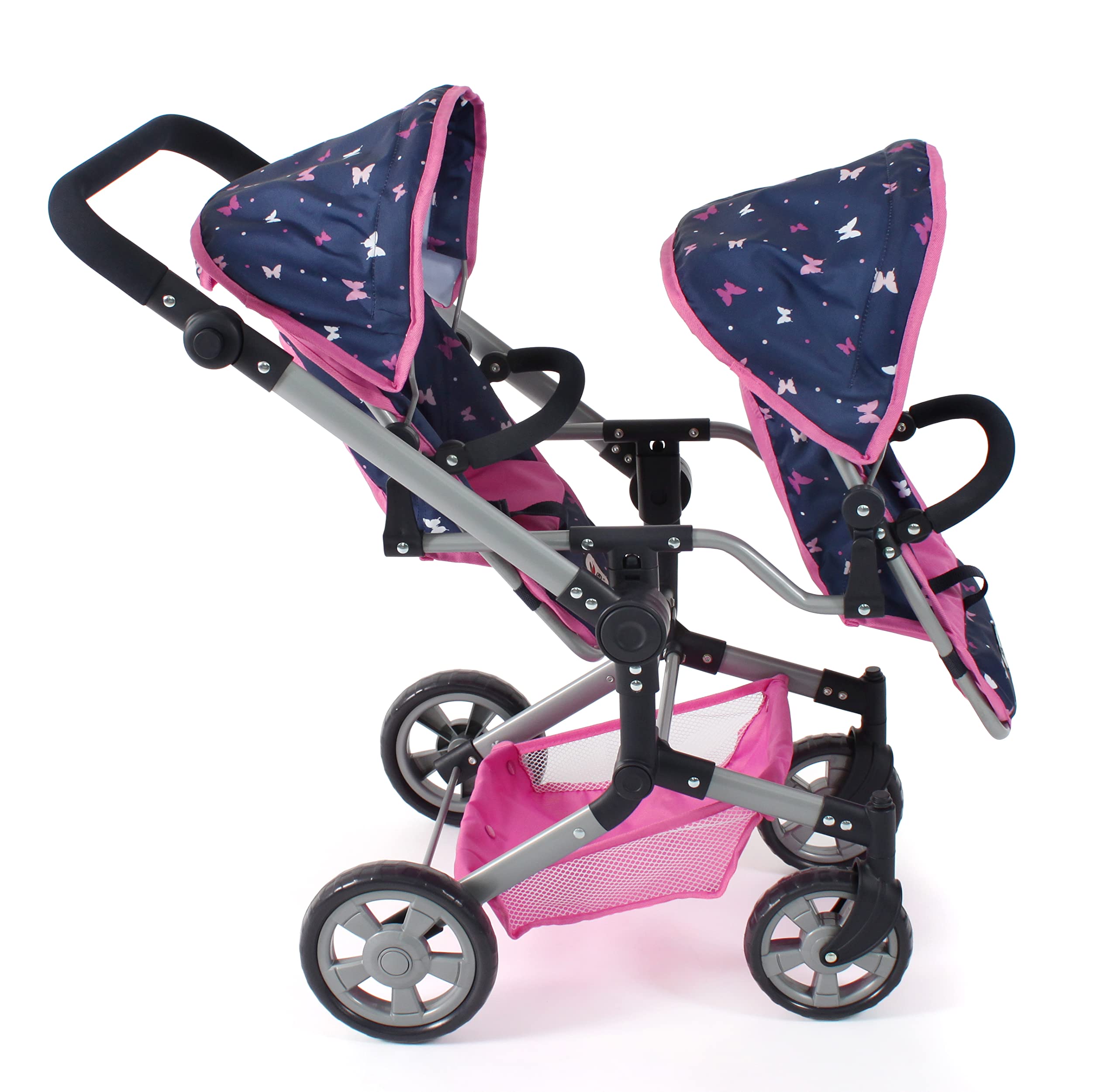 Bayer Chic 2000® Wózek dla lalek Linus Duo – Butterfly Navy Pink – składany wózek dla lalek bliźniaczek – regulowany uchwyt 50-82 cm – lalki do 50 cm – 4-8 J.
