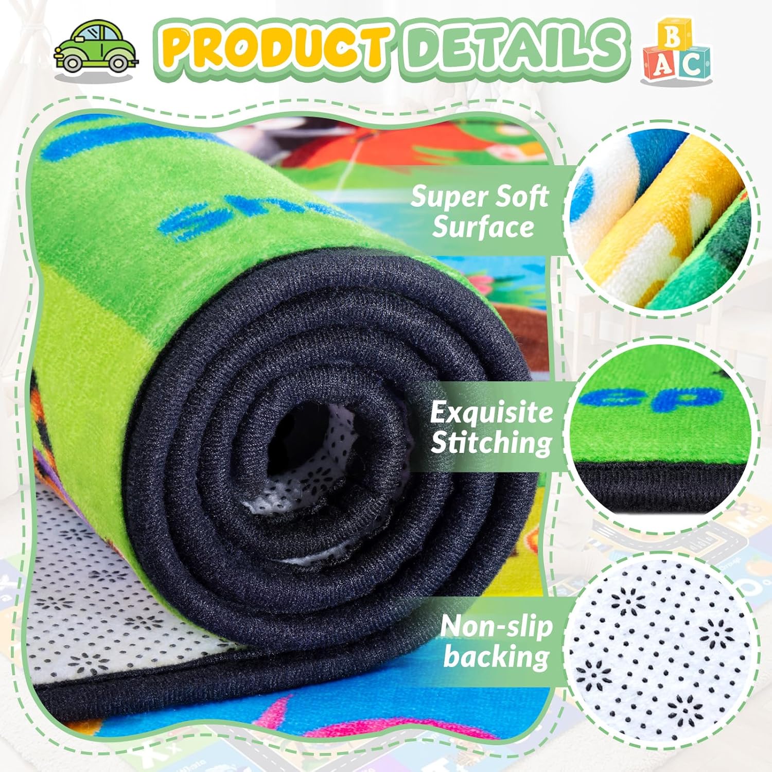 Kids Rug for Playroom, Educational Learning Play Mat, Soft Non-Slip Machine Washable ABC Alphabet Carpet for Playroom Bedroom Nursery Preschool Classroom