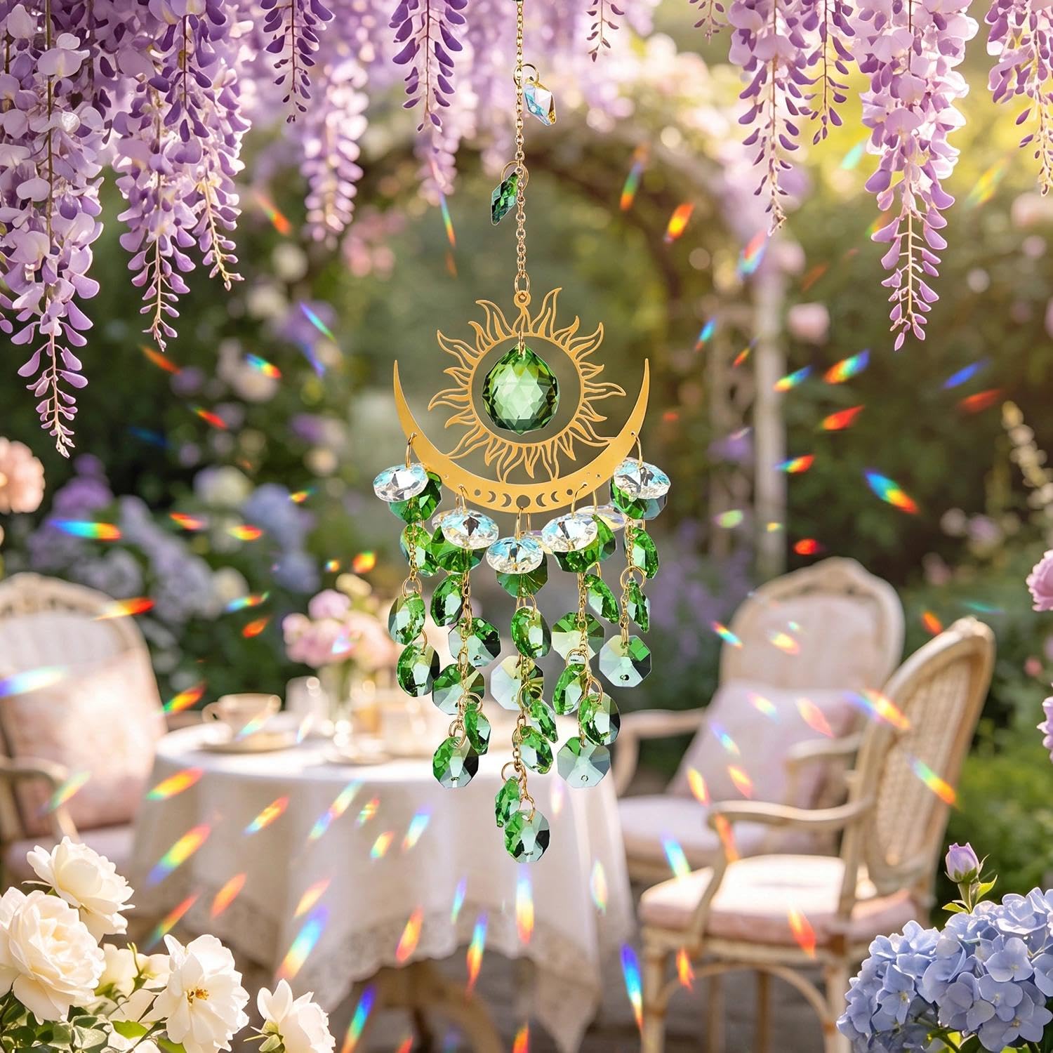 Atrapasueños Sol Luna Cristal Campanillas Viento Coloridas 38cm Verde | Prismas Colgantes Decoración Jardín Patio Techo Habitación Boho