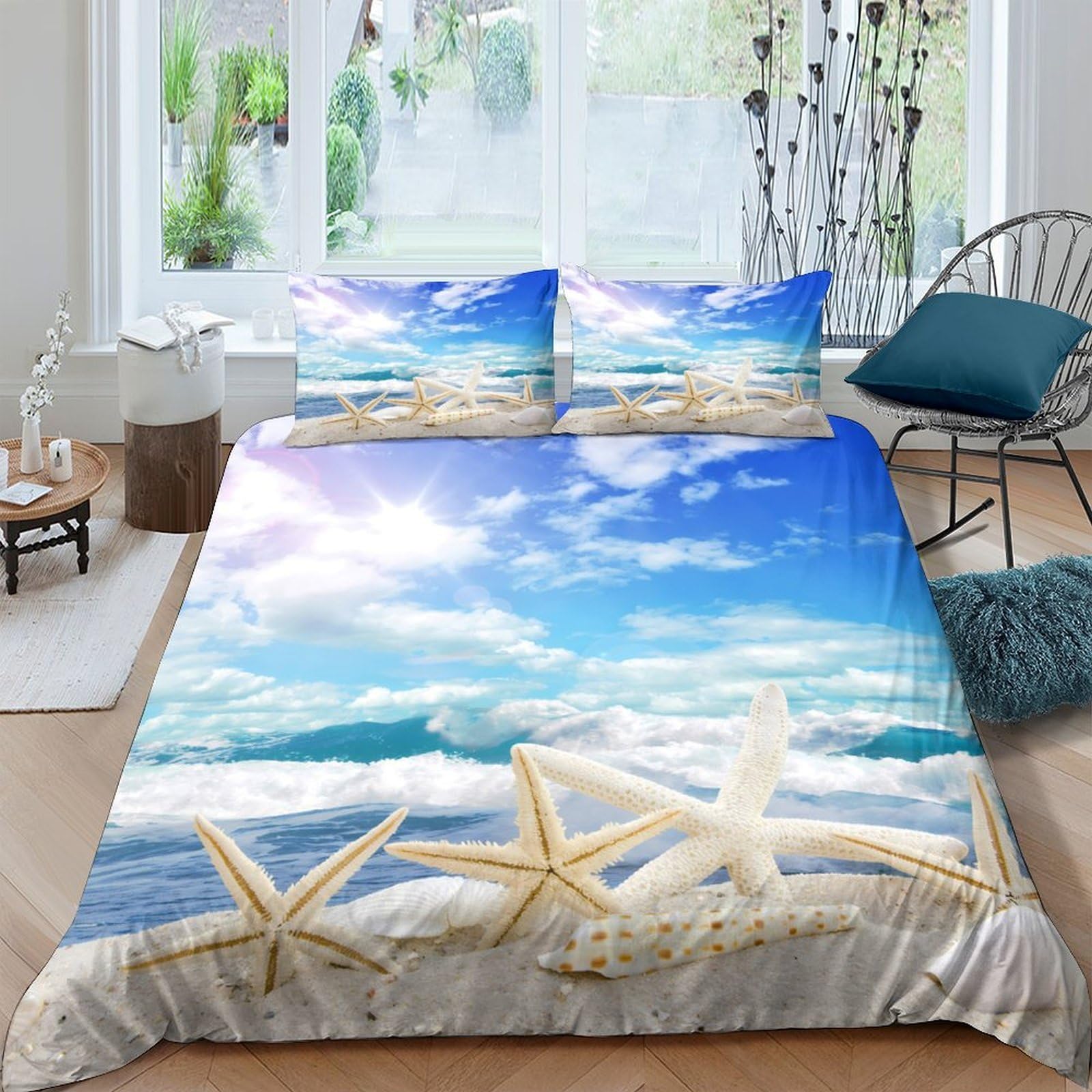 Ctjqhvkz Style-2 3D Printed Ocean Beach Fitted Sheet Microfiber Soft Sky Starfish Mattress Cover For Bedroom Guest Room Decor Single（135X200cm）