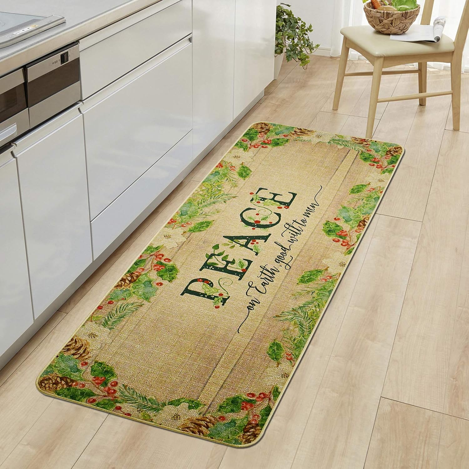Decorative Christmas Runner Rug Non-Slip Floor Mats Indoor Outdoor Area Carpet Winter Holiday Welcome Doormats Merry Xmas Decor Entrance Rugs for Hallway Kitchen Living Room Bedroom (Peace)