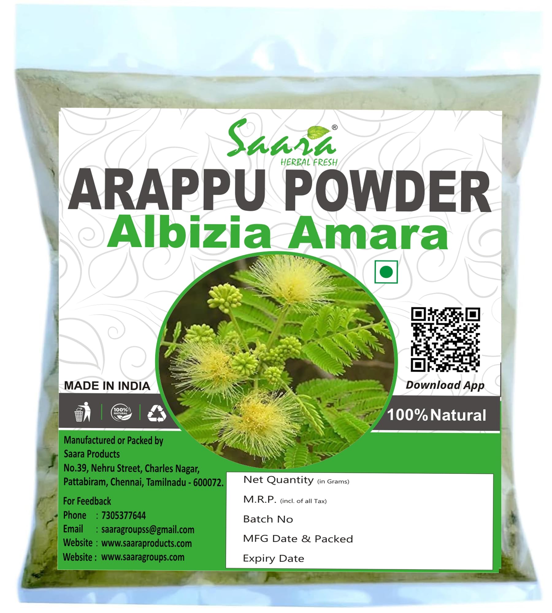 Saara HERBAL FRESH Arappu Powder 100g | Albizia Amara | Usilam | Green Arappu for Hair wash & Hair care (Pack of 1 X 100g)