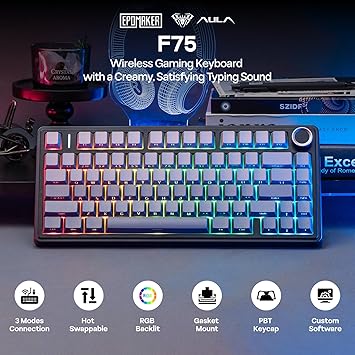 EPOMAKER AULA F75 Wireless Mechanical Gaming Keyboard, 75% Layout with Knob, Creamy Gasekt-Mount with Sound-Dampening, RGB, Hot-Swap, Bluetooth/2.4Ghz (Black Gradient, LEOBOG Reaper Switch)