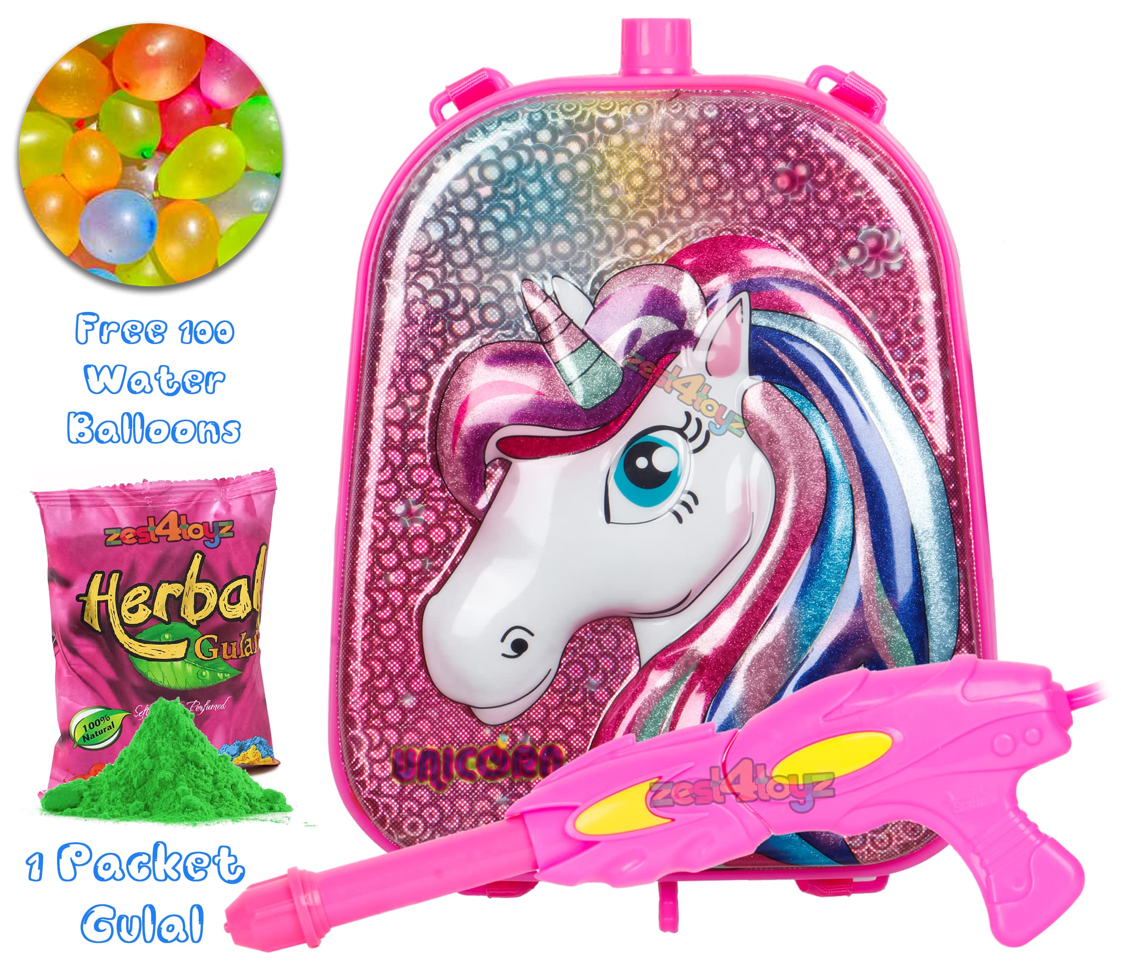 Zest 4 Toyz Holi Pichkari Water Gun for Kids Unicorn Themed Tank Spray with Holi Combo 1 Pkt Holi Color & 100 Balloon - Deluxe Tank (Pink) 1