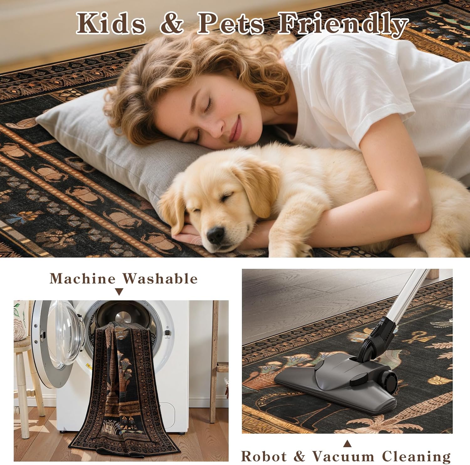 Collive Vintage Egypt Rug for Living Room, 5x7 Boho Retro Black Washable Area Rug Non Slip, Soft Ultra-Thin Indoor Decor Carpet for Bedroom Dining Room