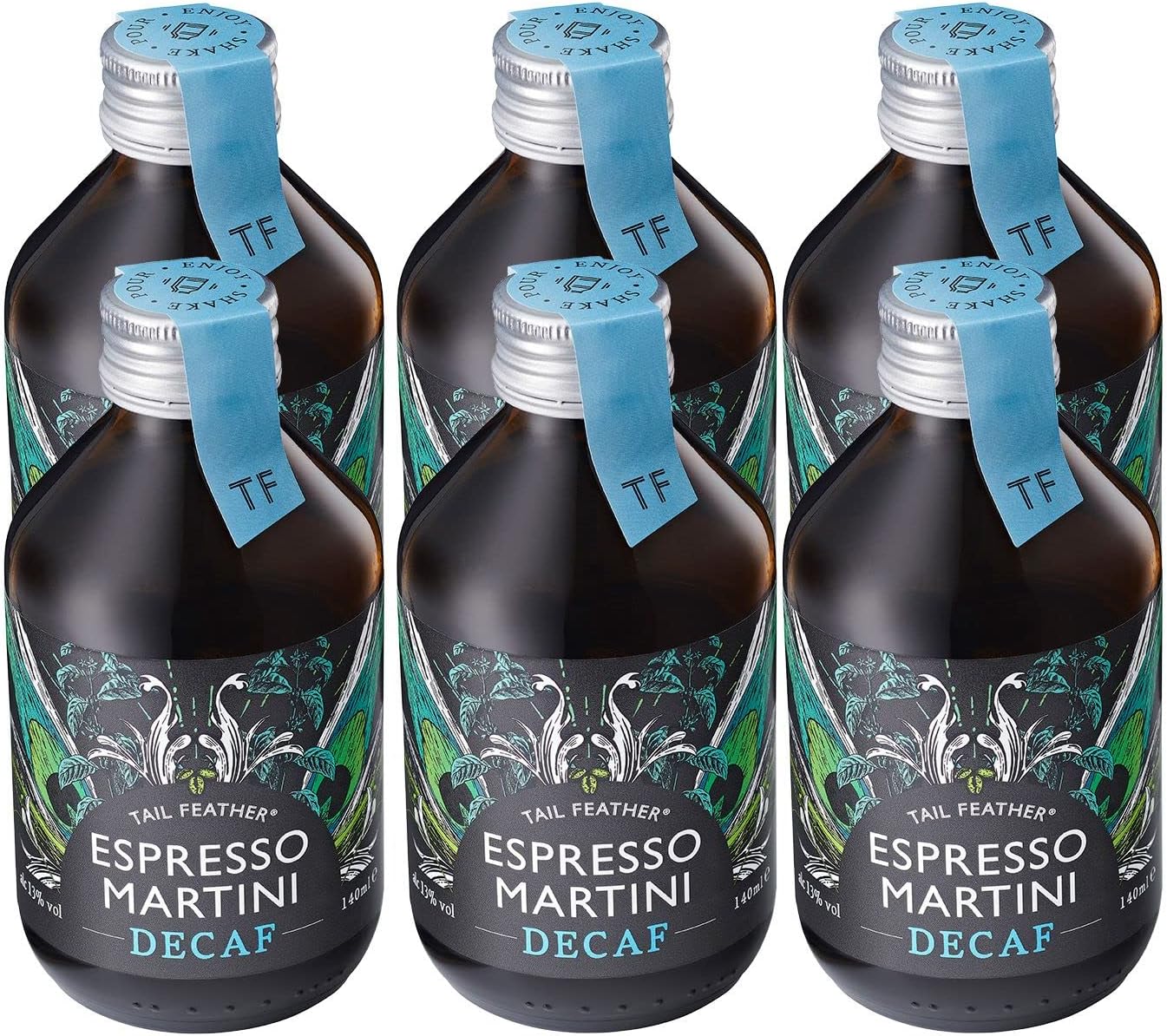 Tail Feather Decaf Espresso Martini Cocktail Decaffeinated - Ready to Drink - Pre mixed Espresso Martini Decaf Kit - 13% ABV - 140 ML - Pack of 6 Bottles