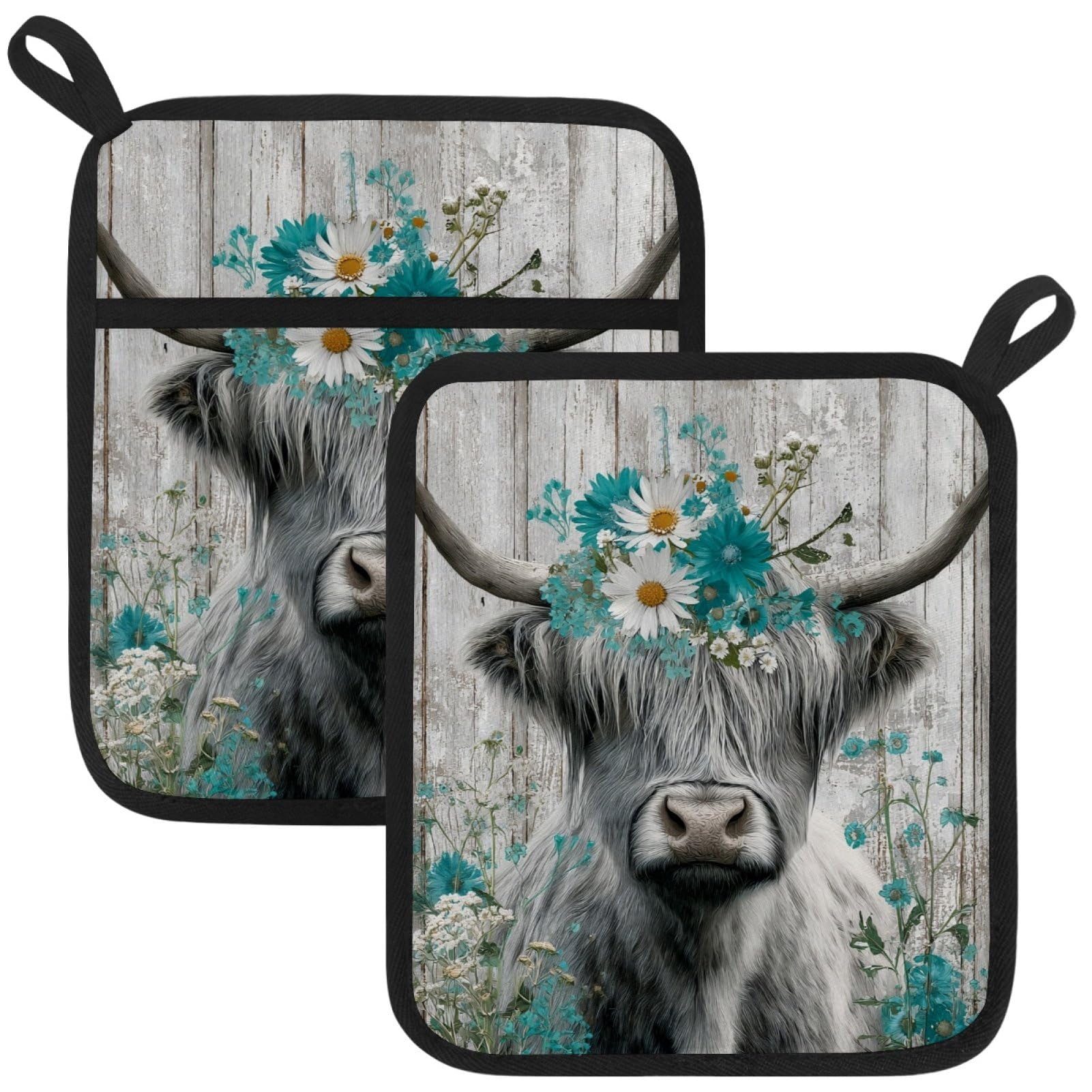 VAPOKF Highland Cattle Daisy Pot Holder, Heat Resistant Oven Cloths, Potholders & Oven Gloves, for Kitchen Cooking & Baking, Thick & Safe, Protection of Hands From Hot Utensils