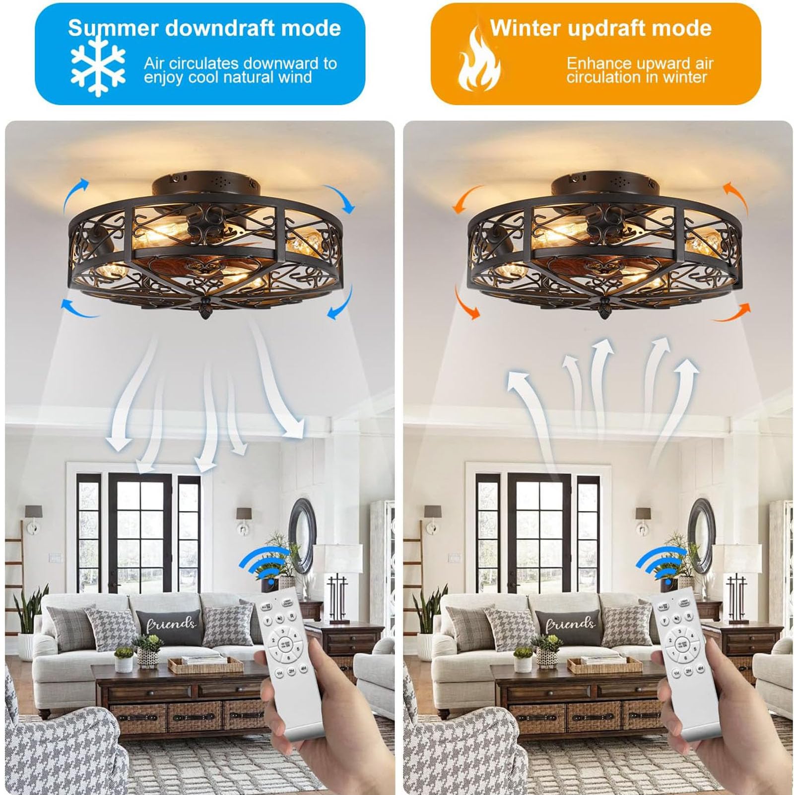 50cm Deckenlampe mit Ventilator Industrial Vintage Deckenventilatoren mit Beleuchtung Metall Käfigbeleuchtung 4*E27 Unterputzmontage mit Fernbedienung Timer-Funktion, Schwarz (exkl Leuchtmittel)