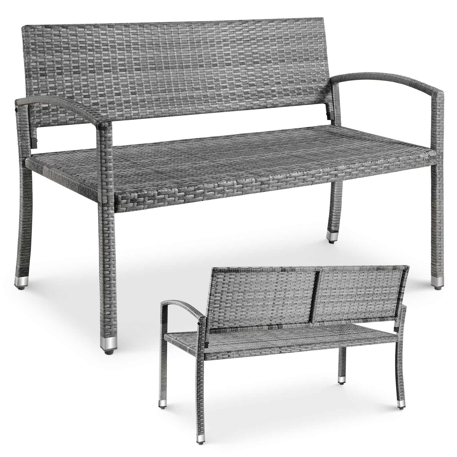 LIFERUN Rattan Garden Bench, 2 Seater Outdoor Wicker Bench with Adjustable Feet, Weatherproof PE Garden Loveseat for Patio, Balcony, Terrace, Park, 320kg Capacity, Single-Sided Rattan (Grey)
