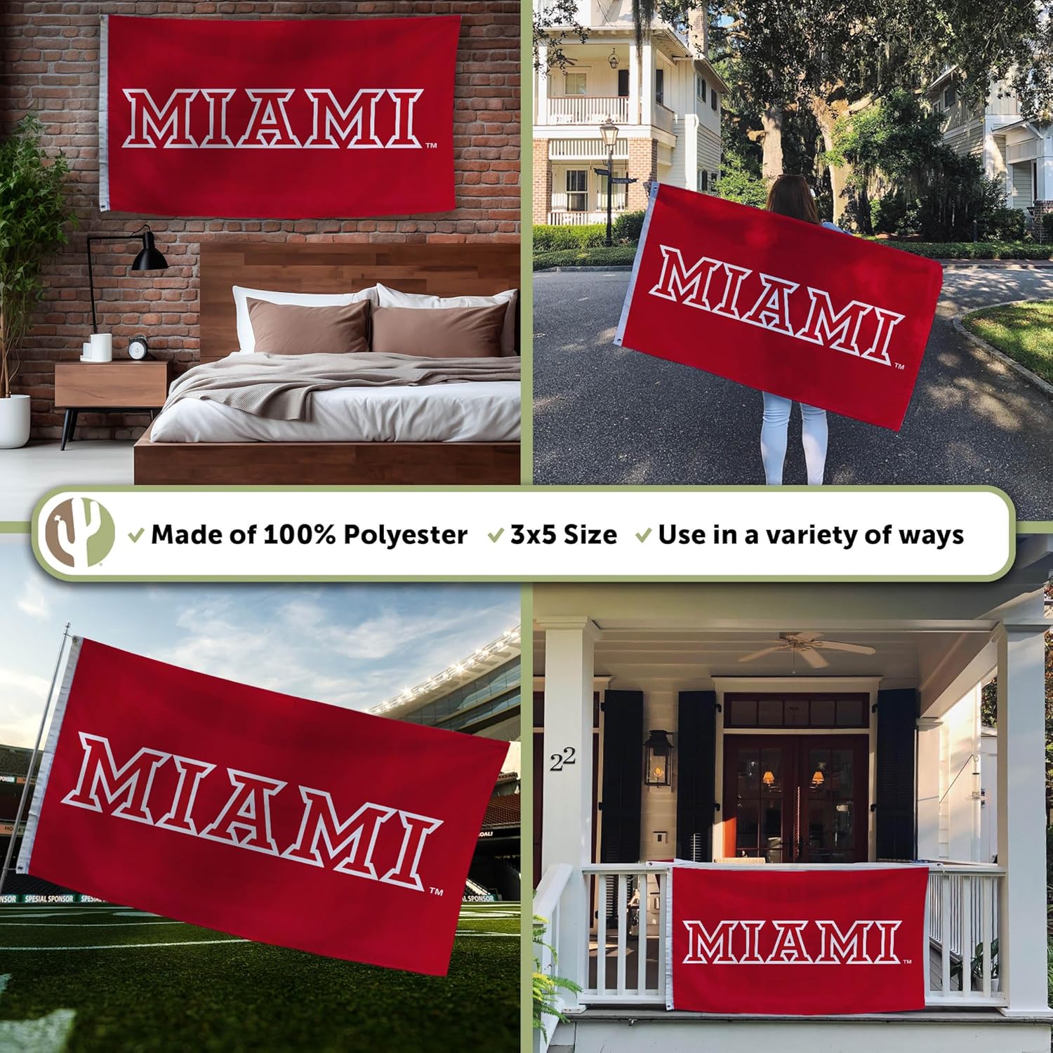 Desert Cactus Miami University MUOH Flag - 3 x 5 Feet Redhawks Banner, Indoor/Outdoor Durable Fabric, 100% Polyester Design (Style 5) - Image 3