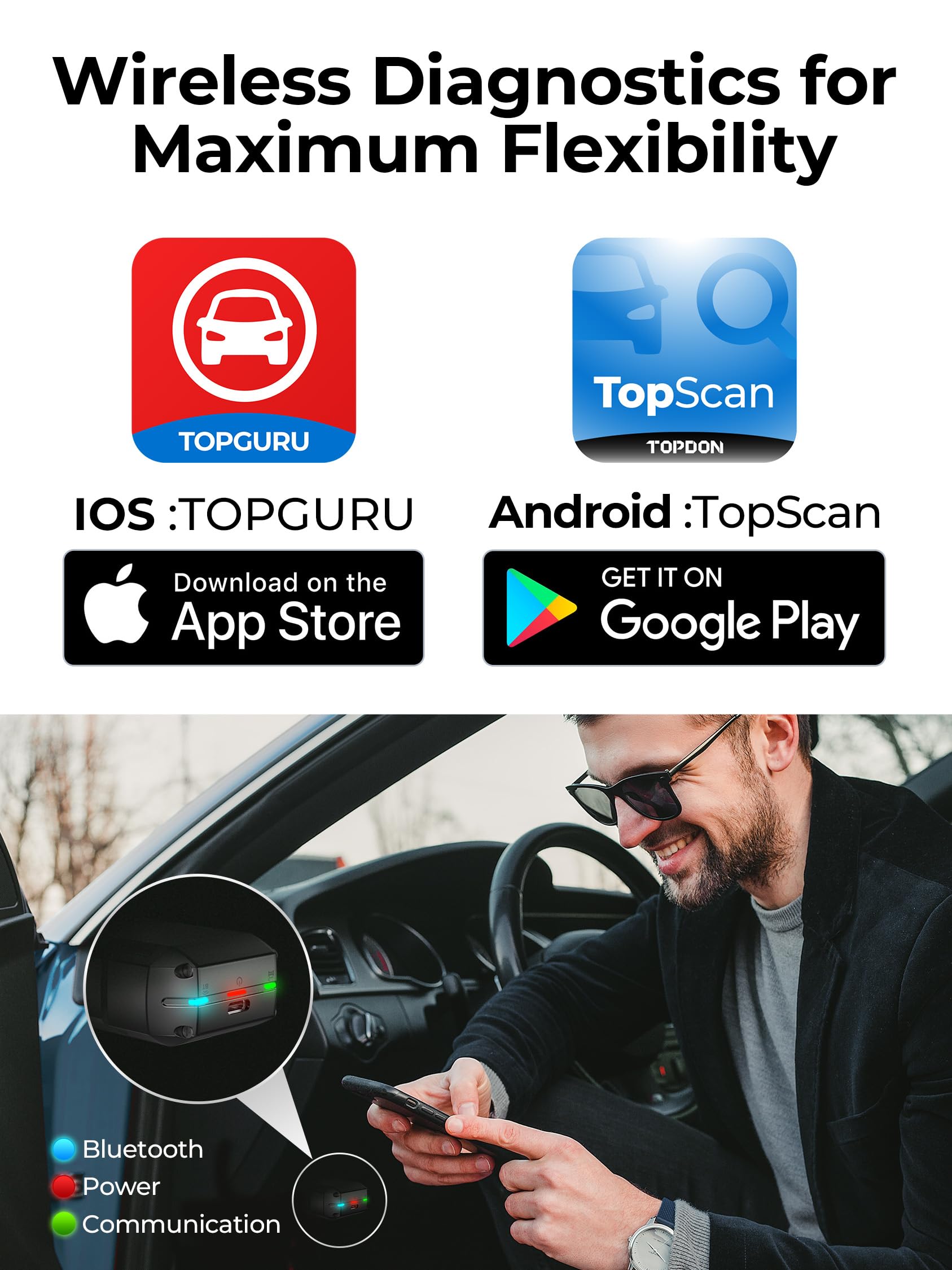 TOPDON Topscan Lite Scanner OBD2 Bluetooth, Outil de Diagnostic sans Fil OBDII pour Tous Les Systèmes Test Actif Lecteur Codes de Voiture Test du Véhicule pour iPhone Android, Logiciels 1 an Gratuit