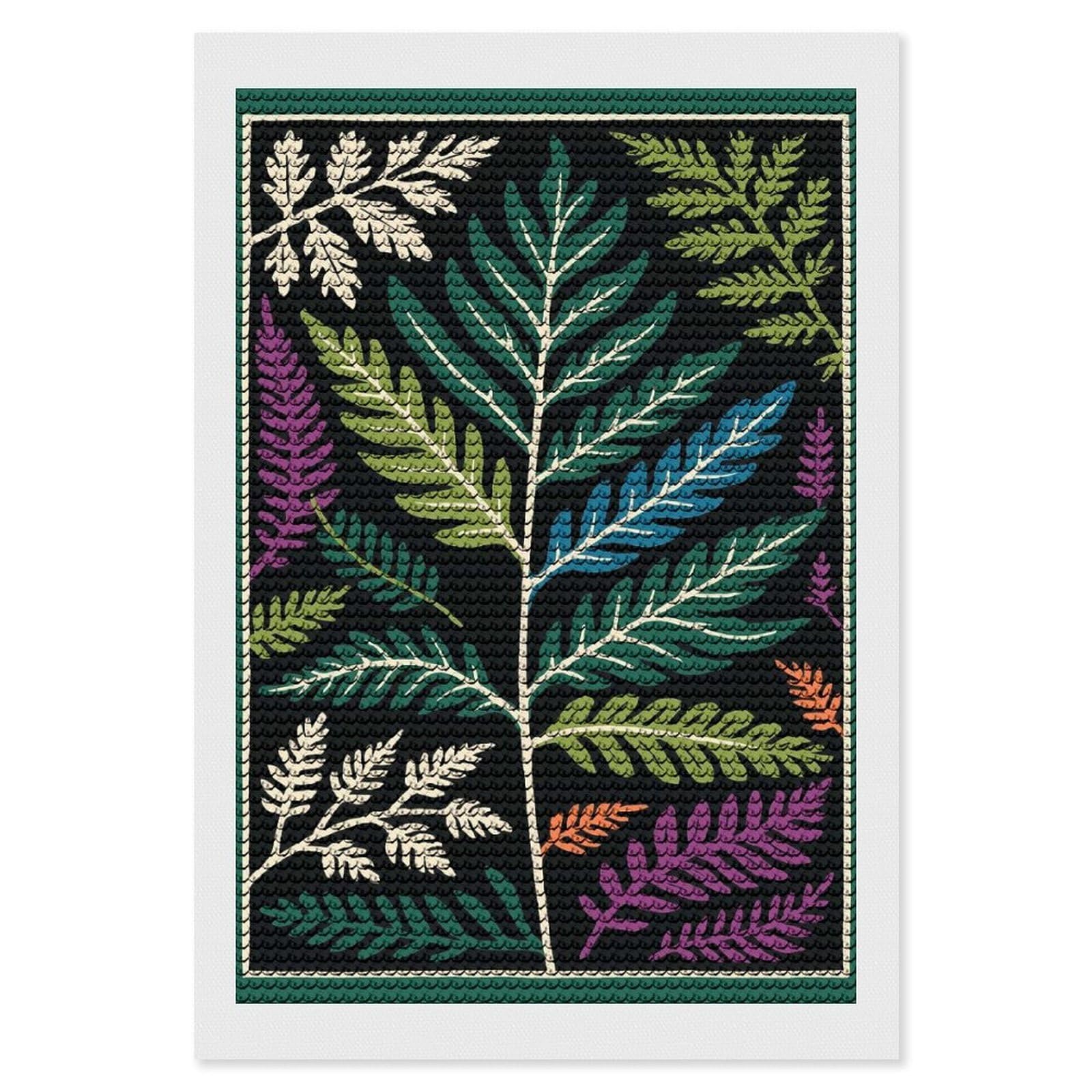 Junmoney Ferns on Black Background DIY Diamond Art Canvas Kit 8"x12", Simple to Start, Fun Craft Experience, Modern Decor, Gift Idea, Adhesive Canvas