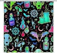 Vista 3 de GCTNBJL Cortina de ducha de Halloween, espeluznante alquimia bruja, tablero de ouija, murciélago, cráneo, hongo gótico, luna, estrella, bohemio