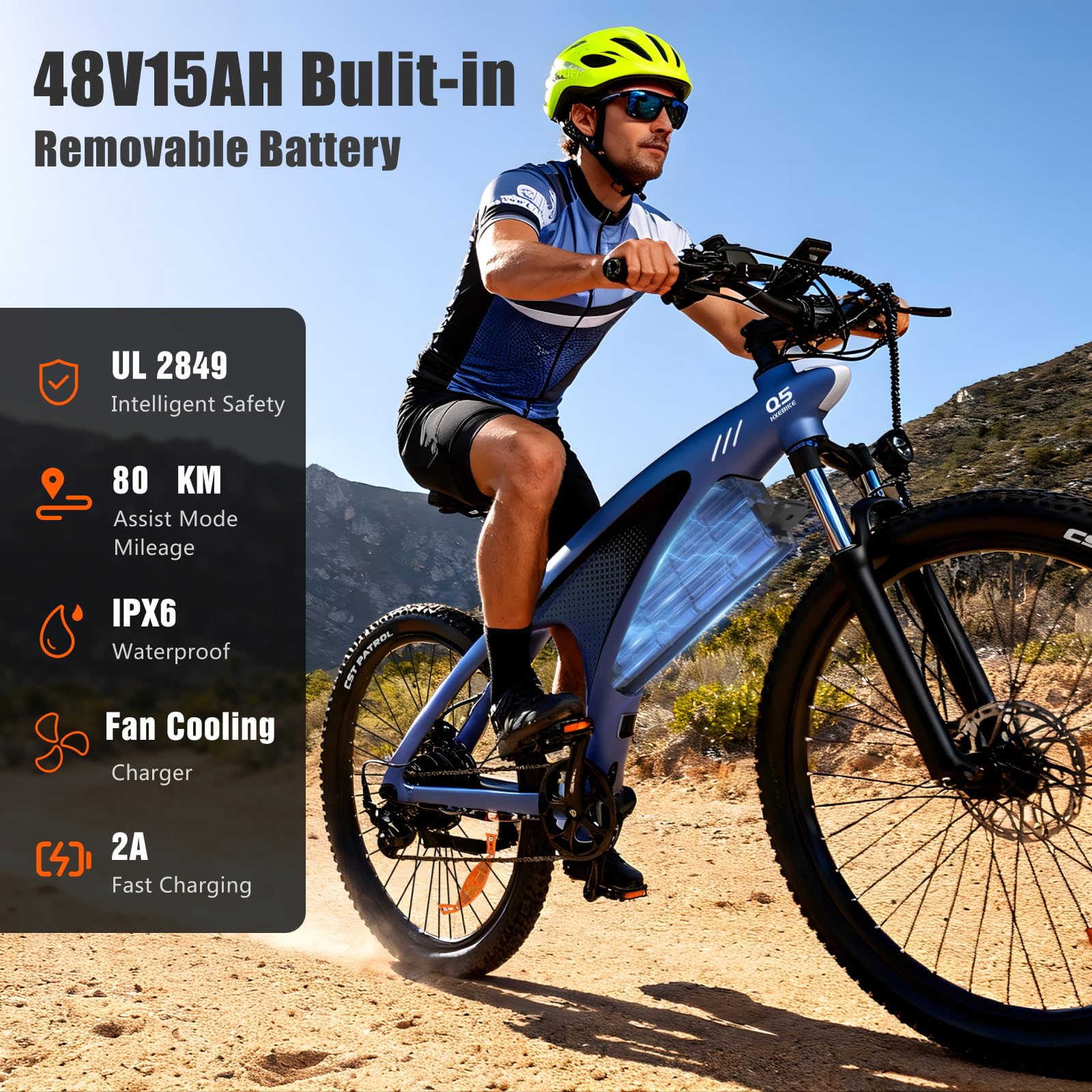 HX Q5 Shark Bicicleta Eléctrica Montaña para Adultos con Carga rápida 48V 15AH Batería Extraíble,27.5"x2.25" Tyre EBike con luz RGB,SHIMAN0 9 velocidades,Frenos de DIS hidráulicos y Alcance 70-80KM