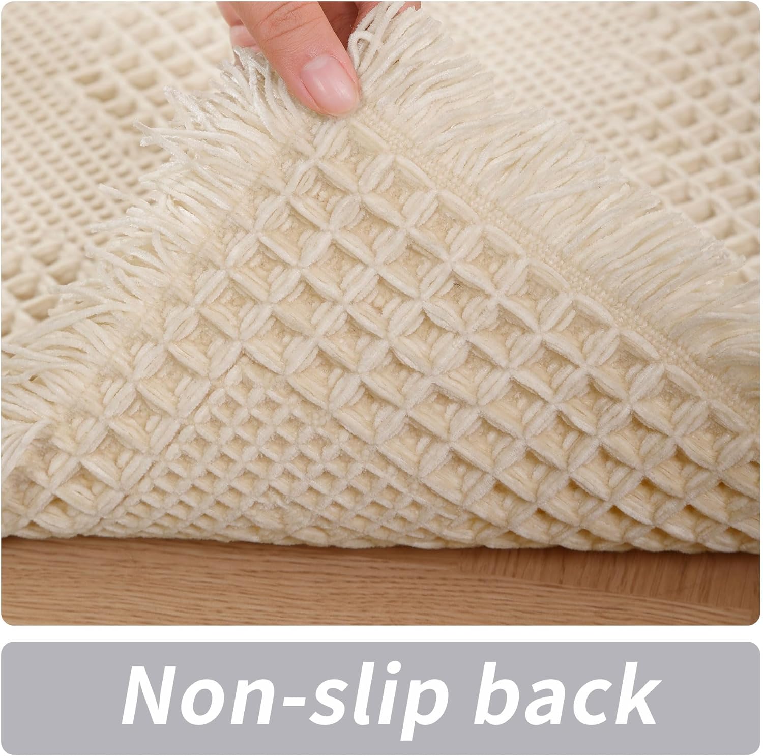 LUFEIJIASHI Non Slip Bath Mats for Bathroom Soft Absorbent Boho Bathroom Rugs with Tassels Waffle Bath Mat Machine Washable Ivory White, 1'6" x 5'9"