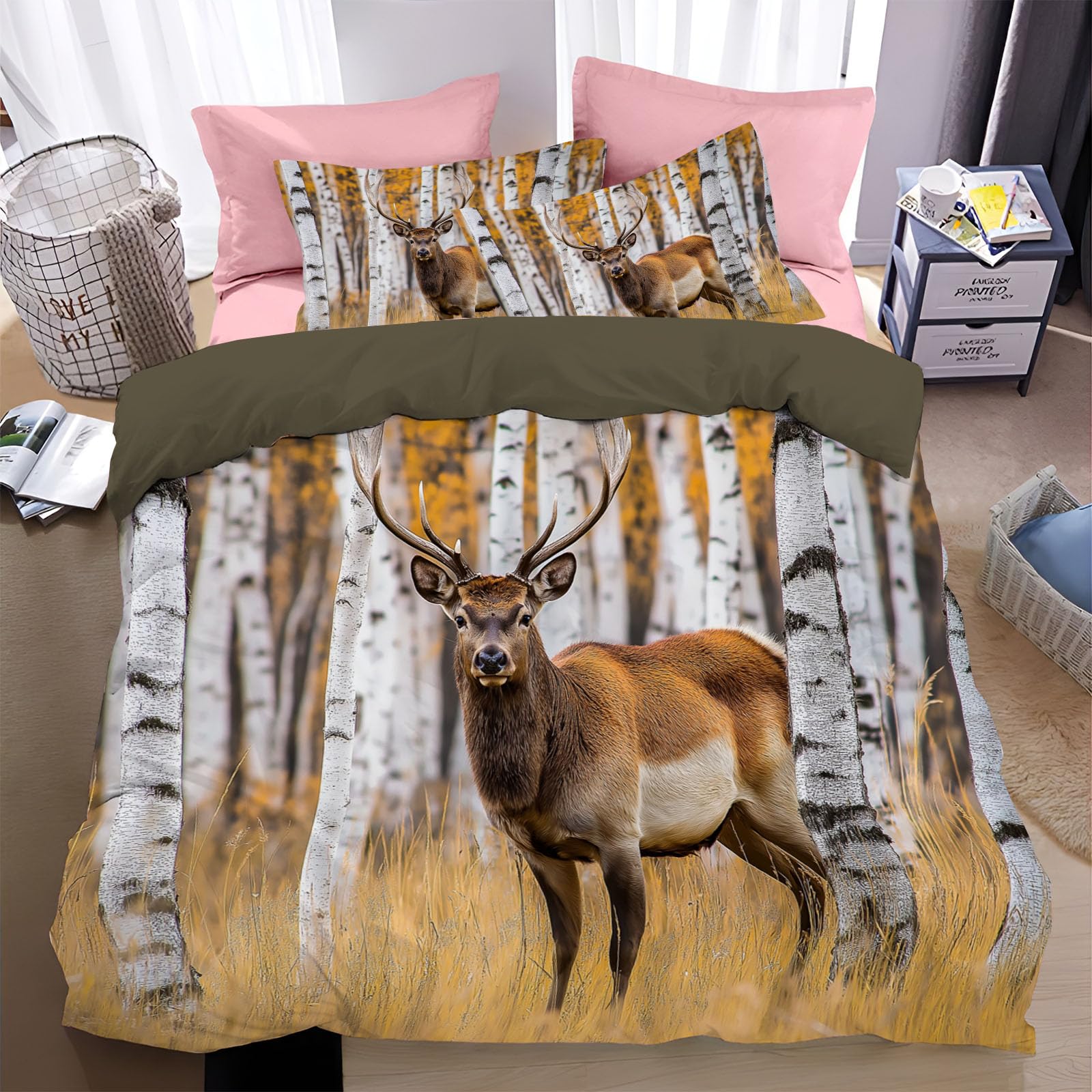 Housse de couette 3D bouleau cerf 240x260 en microfibre