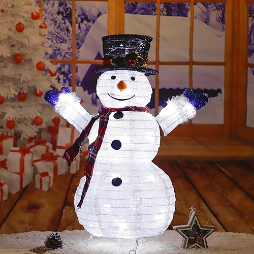 Muñeco de nieve de Navidad plegable de 24 pulgadas con luces LED integradas para interiores exteriores patio césped de jardín