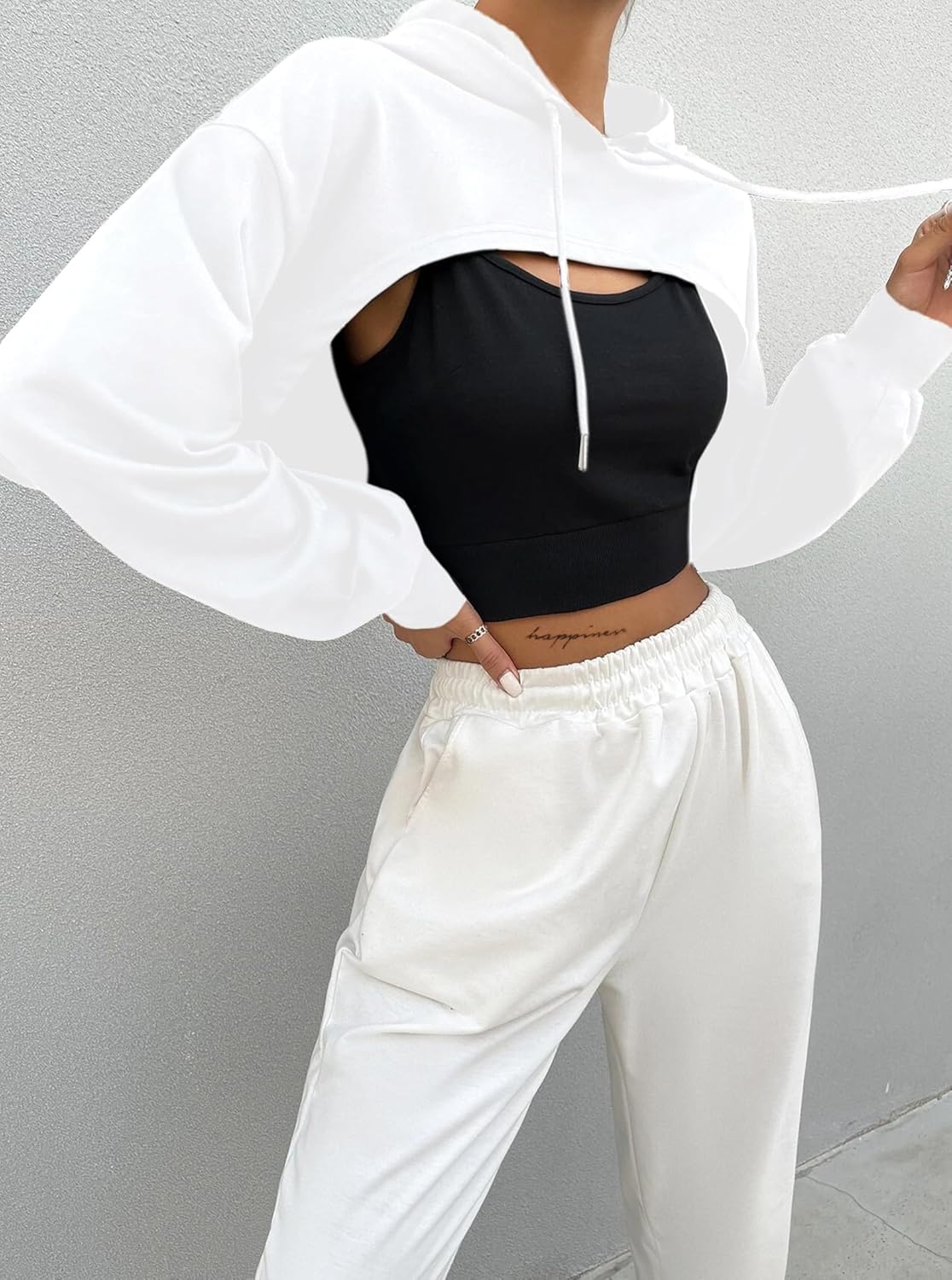 Hilinker Women's Long Sleeve Cropped Hoodie Workout Drawstring Super Crop Tops without Camisole - Image 4