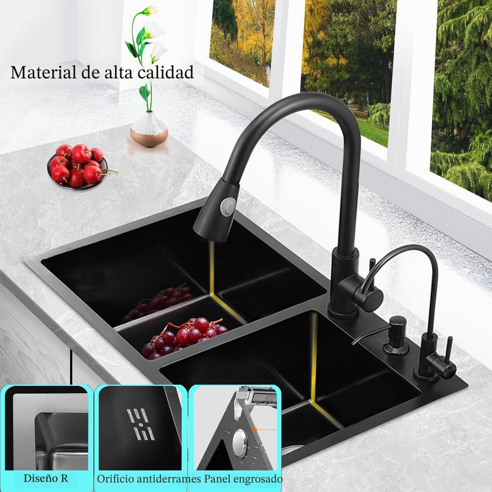 Fregadero cocina 2 seno Fregadero de acero inoxidable Lavabo con Grifo extraíble y accesorios para dispensador de jabón y fregadero. (78 * 43CM, Negro)