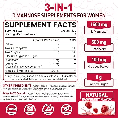 Miniatura 2 de D-manosa de 1500 mg con gomitas de arándano, suplementos de manosa D para mujeres, con hibisco para la salud del tracto urinario, vejiga, soporte