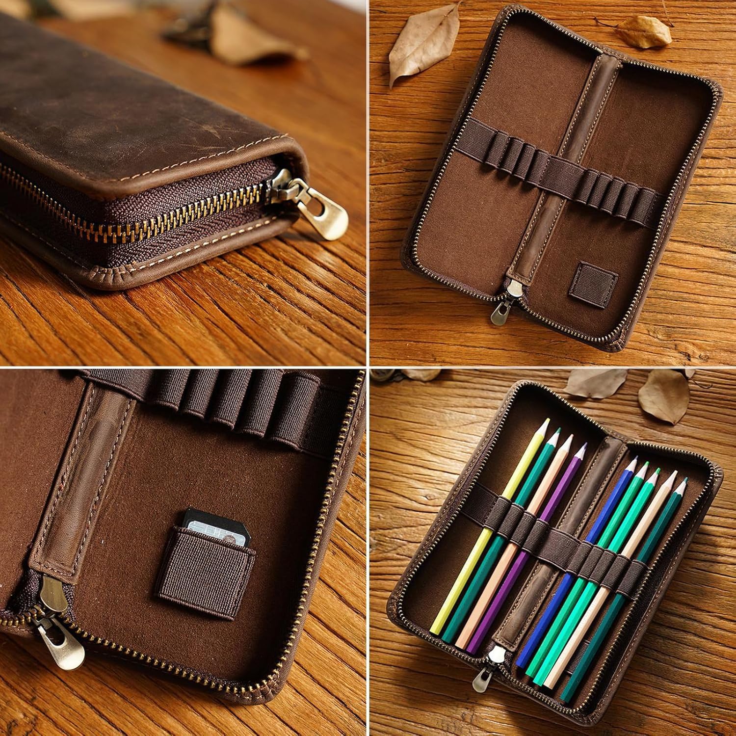 Leather Pen Case Fountain Holder Zippered Pouches Elastic Slots Hold 5-11 Pencil for Women Men Vintage Pen Pouches, Dark Green