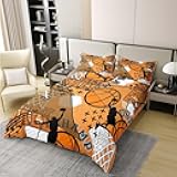 jejeloiu Basketball Print Sports Theme Bedding 100% Cotton Set 3D Ball Games Duvet Cover 100% Cotton for Boys Girls Children Teens Bedroom Decor Yellow Basketball Player Duvet Set Twin Size Zipper