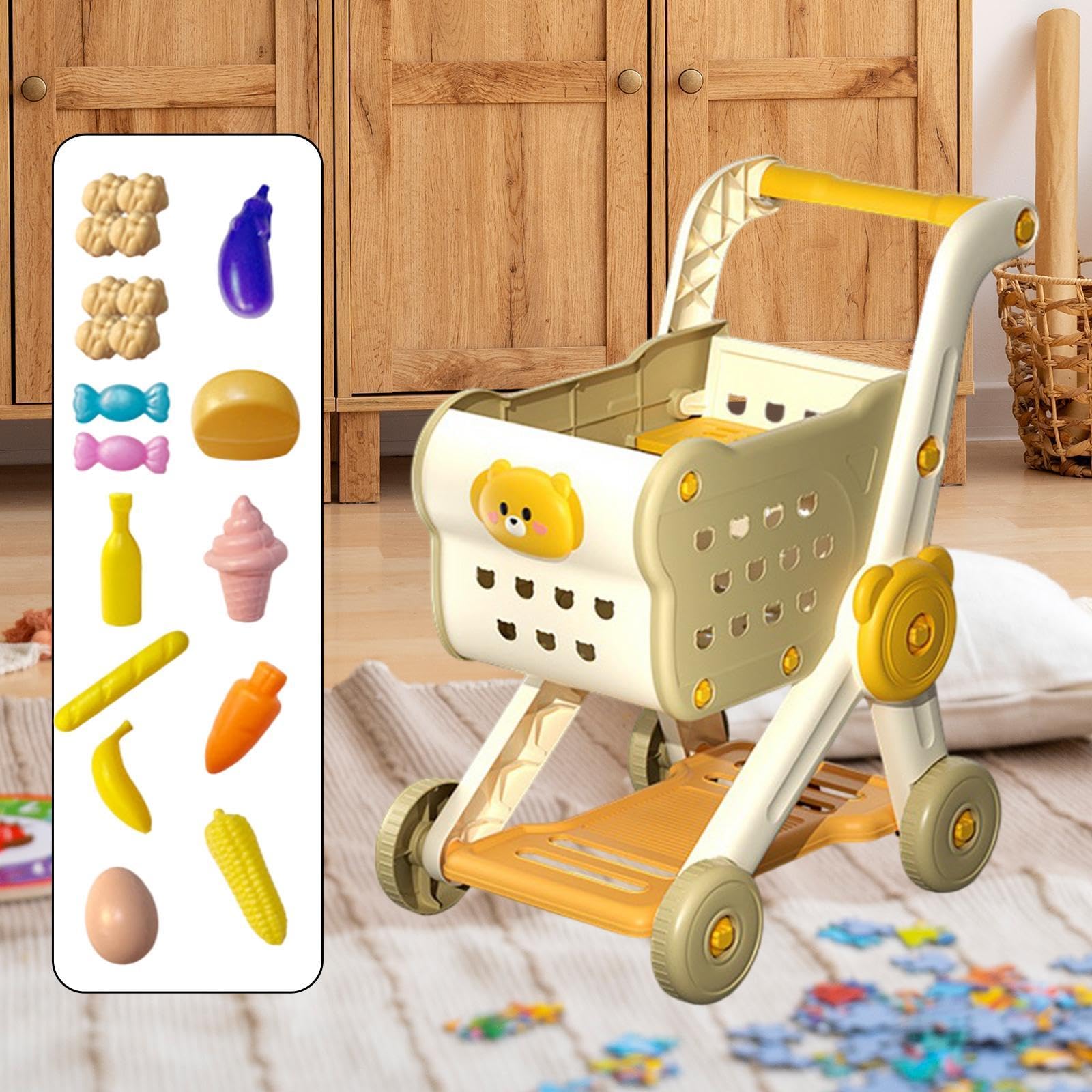 Carrello Supermercato Bambini Set Giocattolo Carrello Spesa Accessori Cucina Portaoggetti Ampio Facile da Usare Adatto per Gioco Simulato Regalo, Beige