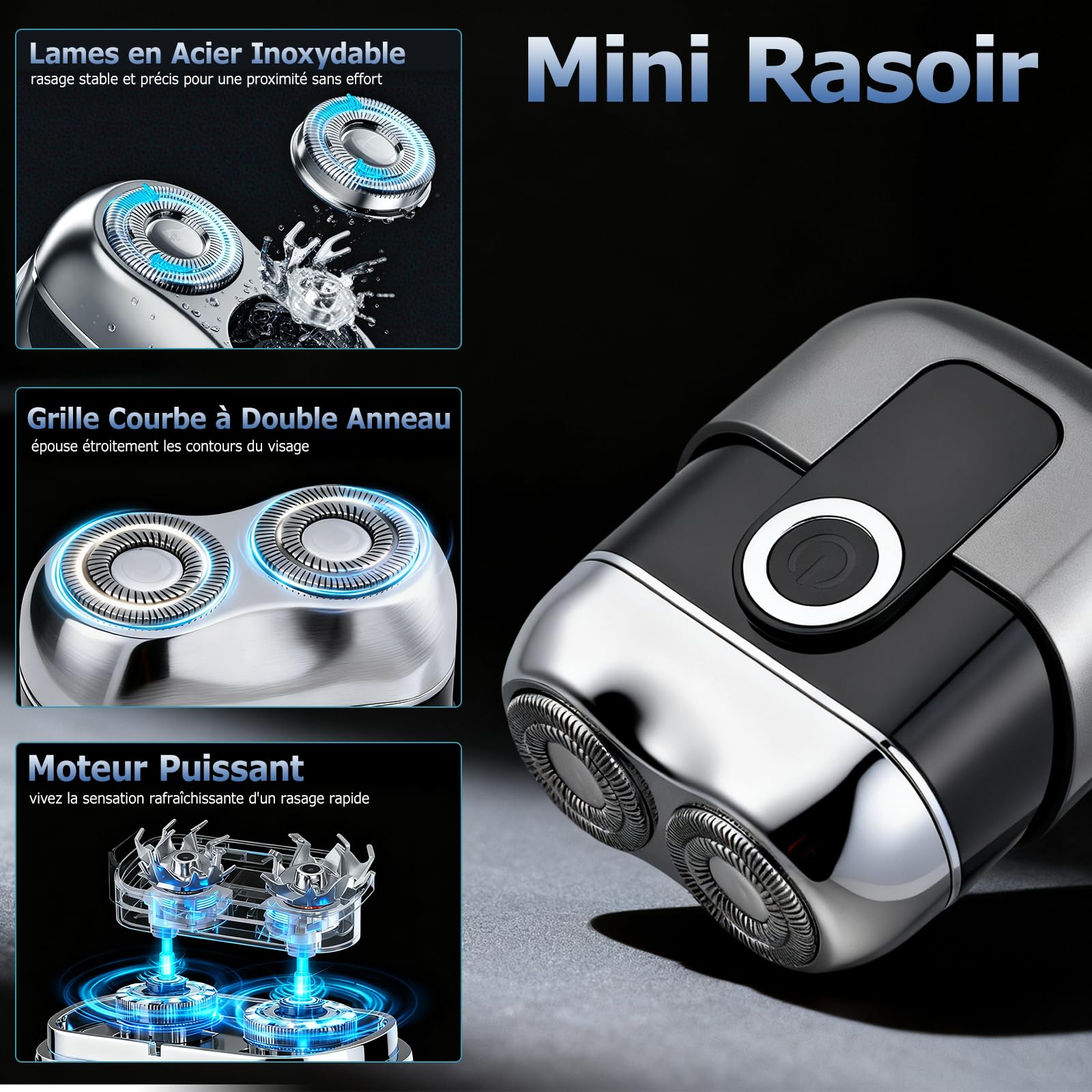 Mini Rasoir Électrique Homme - Rasoir de Voyage Étanche IPX6 avec Écran LED, USB-C Rapide, Double Tête, Silencieux & Portable - Gris