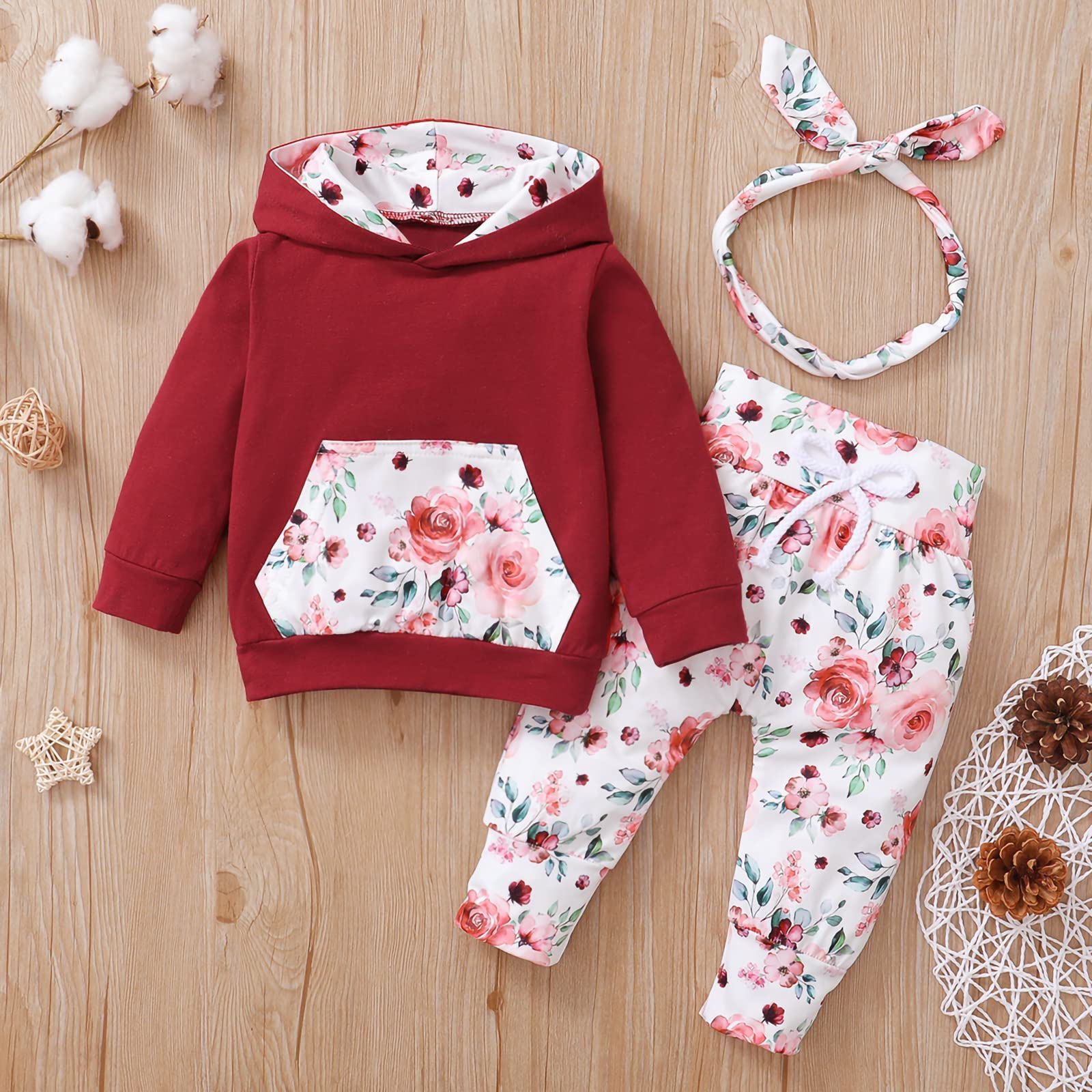 FYBITBO Infant Baby Girl Fall Clothes Hoodie Sweatshirt Top Pants 3Pcs Winter Outfit Cute Girl Clothing with Headband (Wine red,0-6 Months)