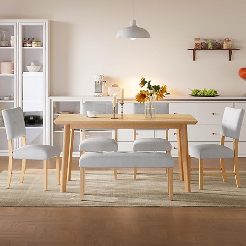 Miniatura 12 de Merax Juego de mesa de comedor de madera maciza de 6 piezas para 6, estilo rústico rectangular con 4 sillas tapizadas de madera y 1 banco, cocina