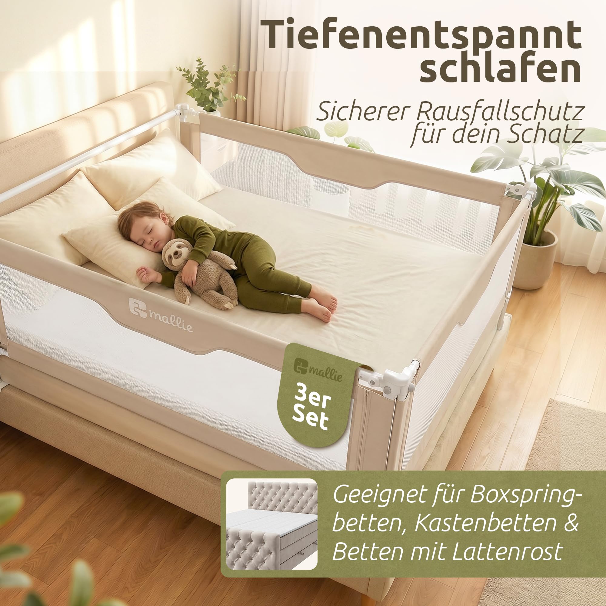 Mallie® Rausfallschutz Boxspringbett 180x200cm Elternbett Beige | 3-seitiges Set mit MALLIEFIX 2.0 Click-System, extra hoch | Bettgitter & Bettschutzgitter für Baby & Kinder