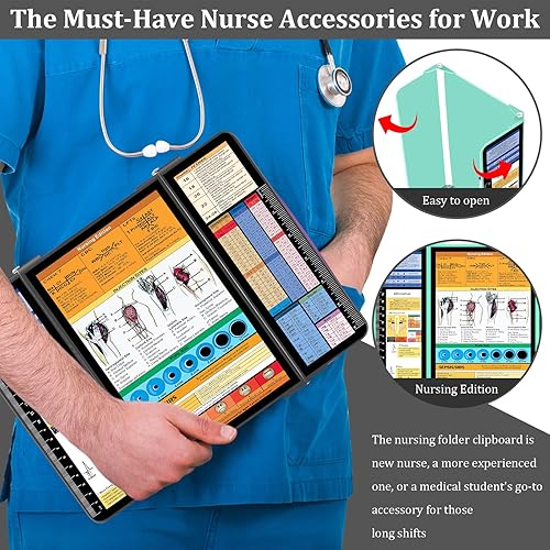 Miniatura 4 de Portapapeles de enfermería de aluminio de 3 capas plegables para enfermeras, bloc de notas, tamaño de bolsillo con edición médica y enfermería,