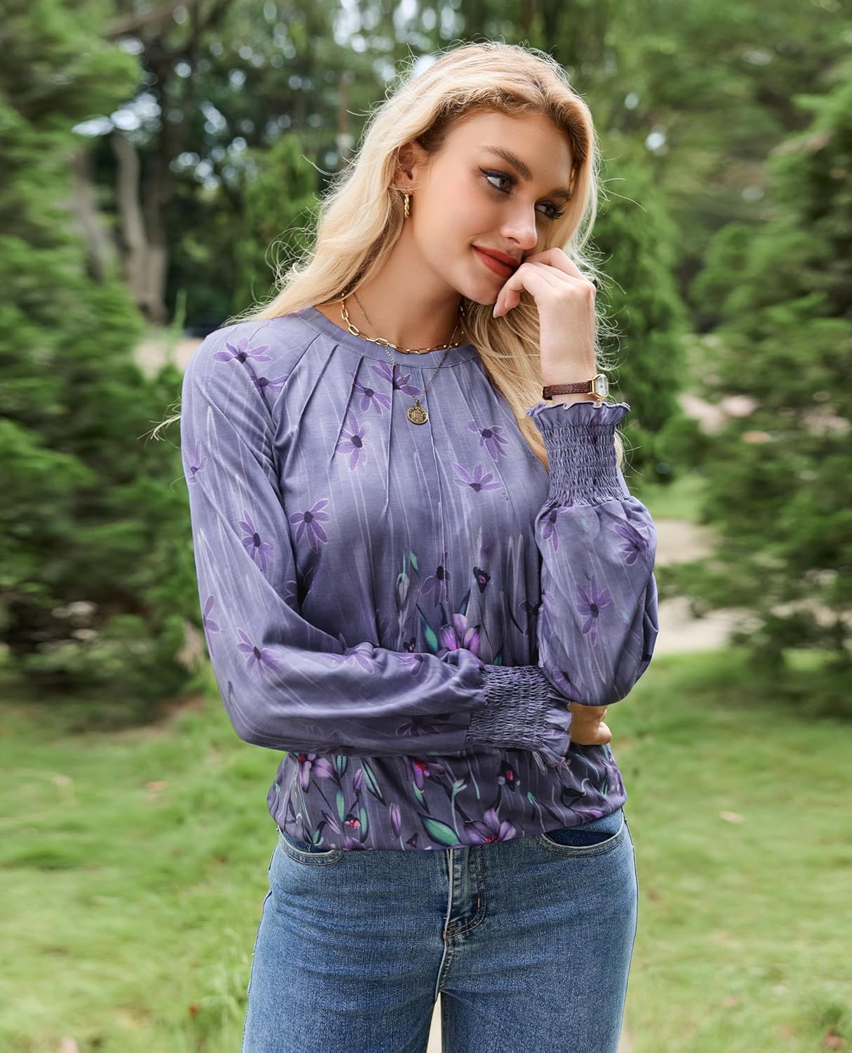 Womens Long Sleeve Shirts Spring Fashion Dressy Tops Cute Crewneck Blouses Casual Pleated Front Tunic Tops - Image 4