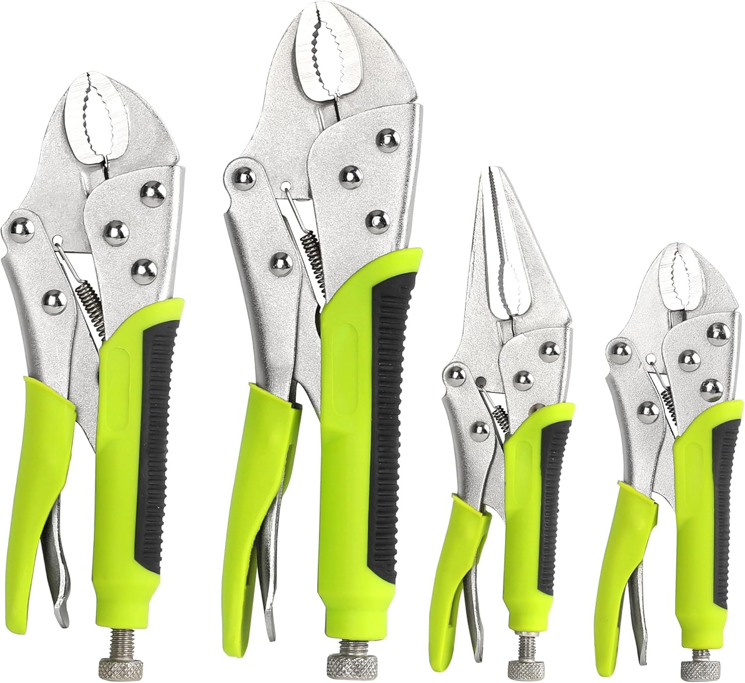 FASTPRO 4-Piece Locking Pliers Set, 5", 7" and 10" Curved Jaw Pliers, 6-1/2" Long Nose Included, Vise Grip Set with Comfortable Grip, Green