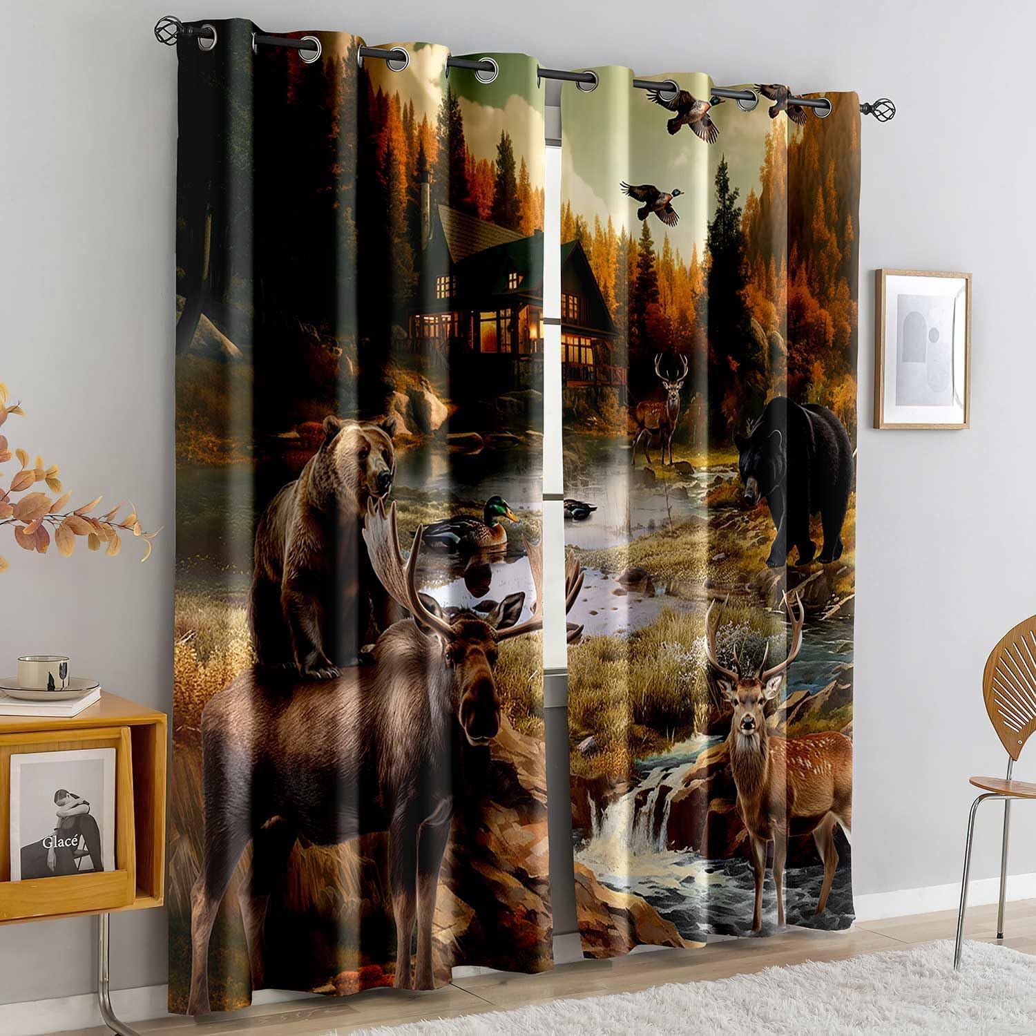 LUVIVIHOME ハンティングキャビンカーテン、マガモムースベア、鹿の遮光カーテン、ベッドルームウィンドウ用、森林動物野生動物迷