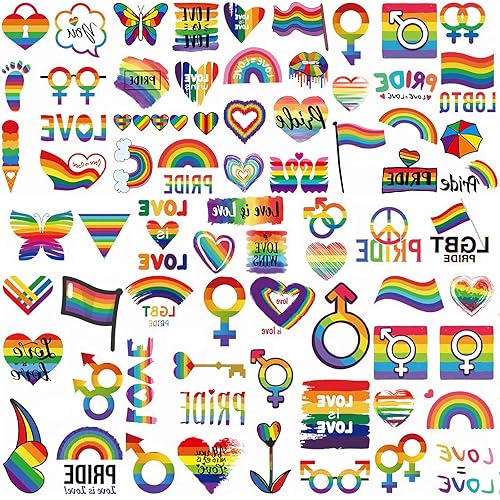 77 calcomanías de tatuaje de arcoíris, tatuajes temporales de orgullo, decoraciones de tatuajes gay, accesorios Lgbtq, impermeables, calcomanías de
