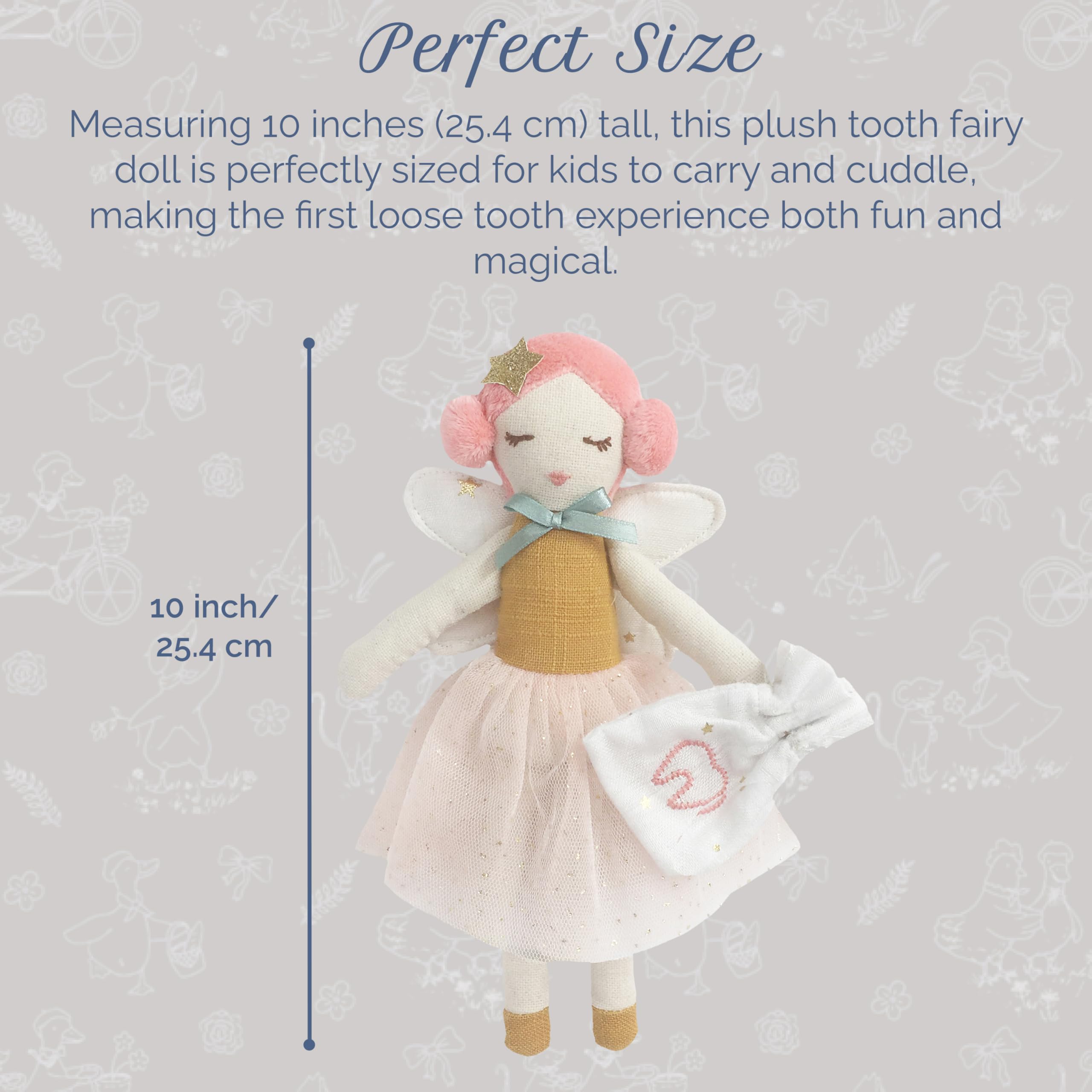 MON AMI Bambola fatina dei denti con sacchetto per i denti, bambola di peluche da 25,4 cm, per i primi denti sciolti, per ragazzi e ragazze, perfetta per bambini e facile esperienza con la fatina dei