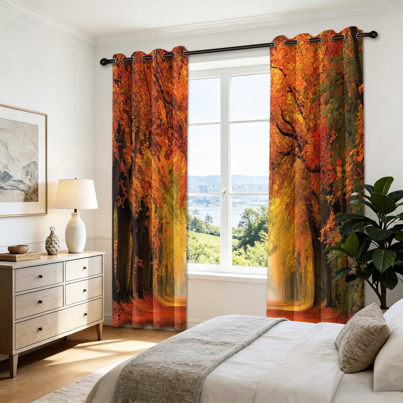 Bunt Blickdicht Vorhänge Wohnzimmer - Traditionell Herbst Landschaft Wald Laub Vorhänge mit Ösen Themovorhang Verdunkelungsvorhänge für Schlafzimmer Kinderzimmer, H215 x B110 cm 2er Set