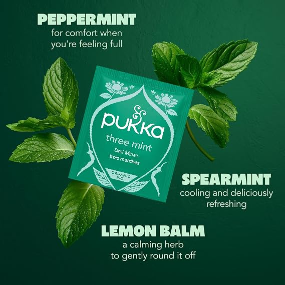 Pukka Herbs Three Mint Herbal Tea, 40 Teabags, Caffeine Free, For Digestion